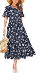 STYLEWORD Women's Summer Dresses Trendy 2026 Short Sleeve Floral Ruffle Swing Midi Dress with Pocket