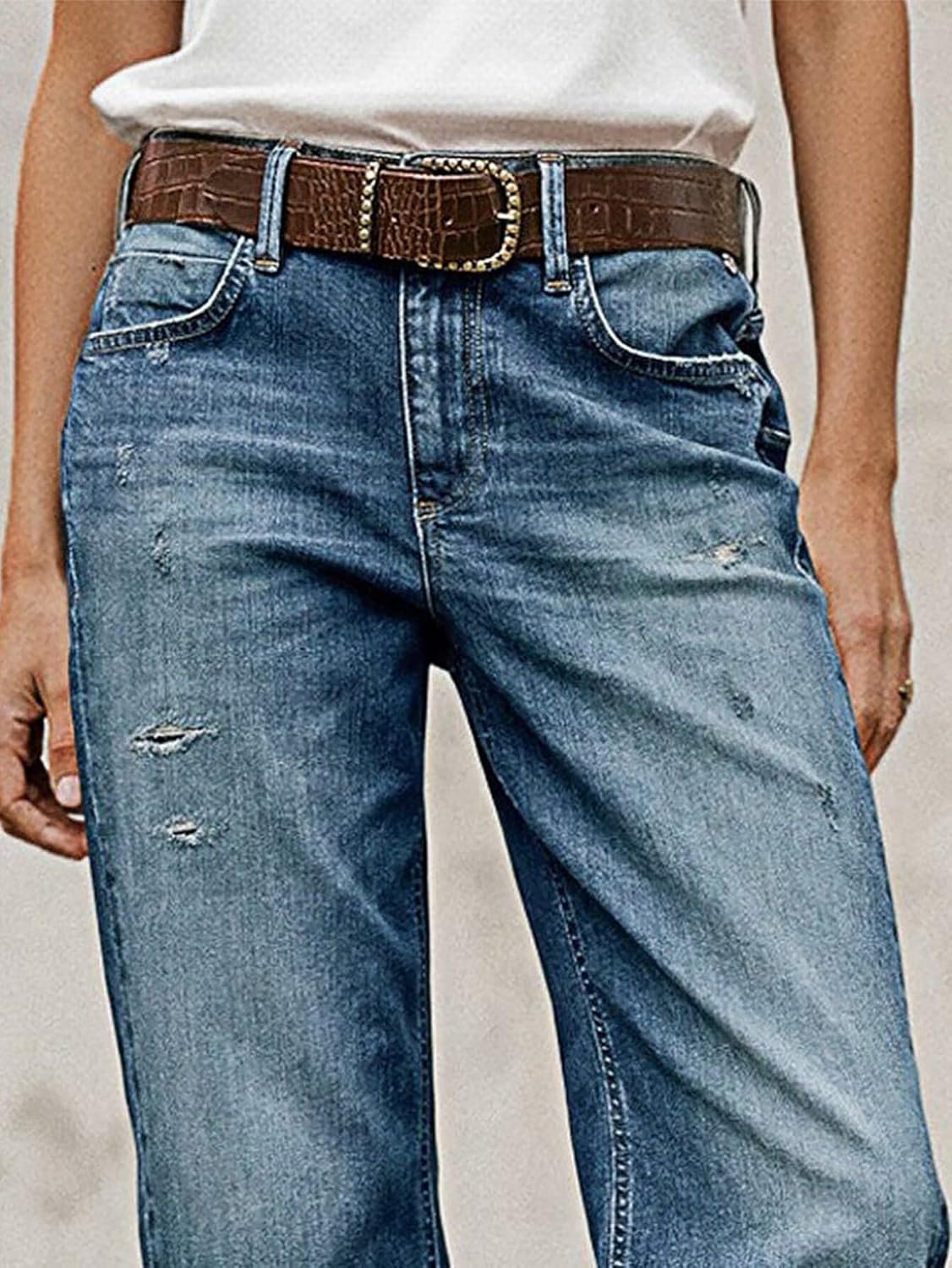 Flamingals Women's Cropped Straight Leg Jeans Mid Waist Ripped Roll Hem High Stretch Denim Pants
