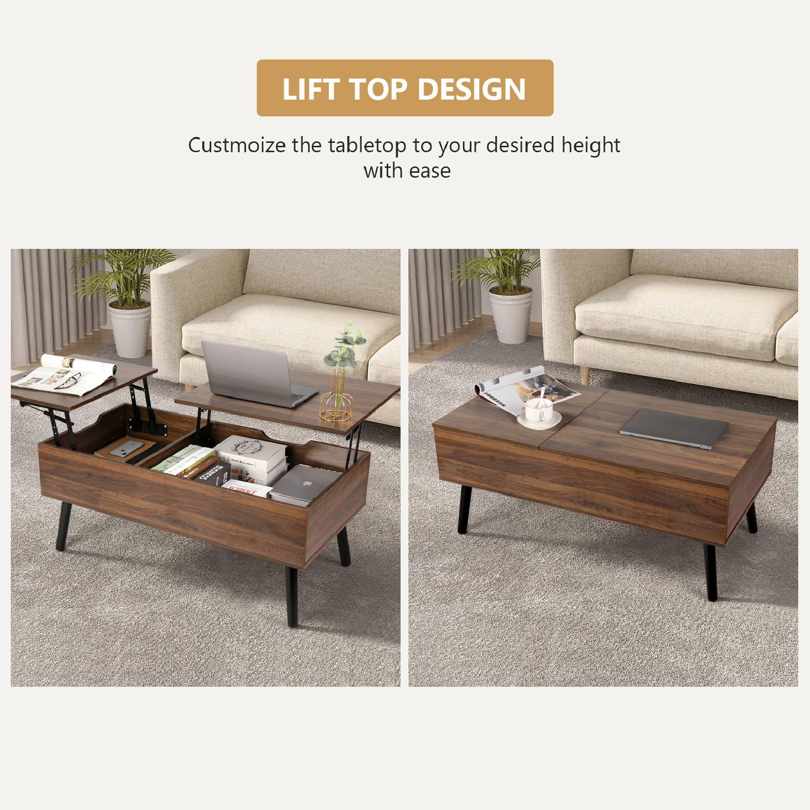 VOWNER Table Basse Relevable Extensible Noix | Double Plateau Réglable en Hauteur avec Compartiment de Rangement Caché