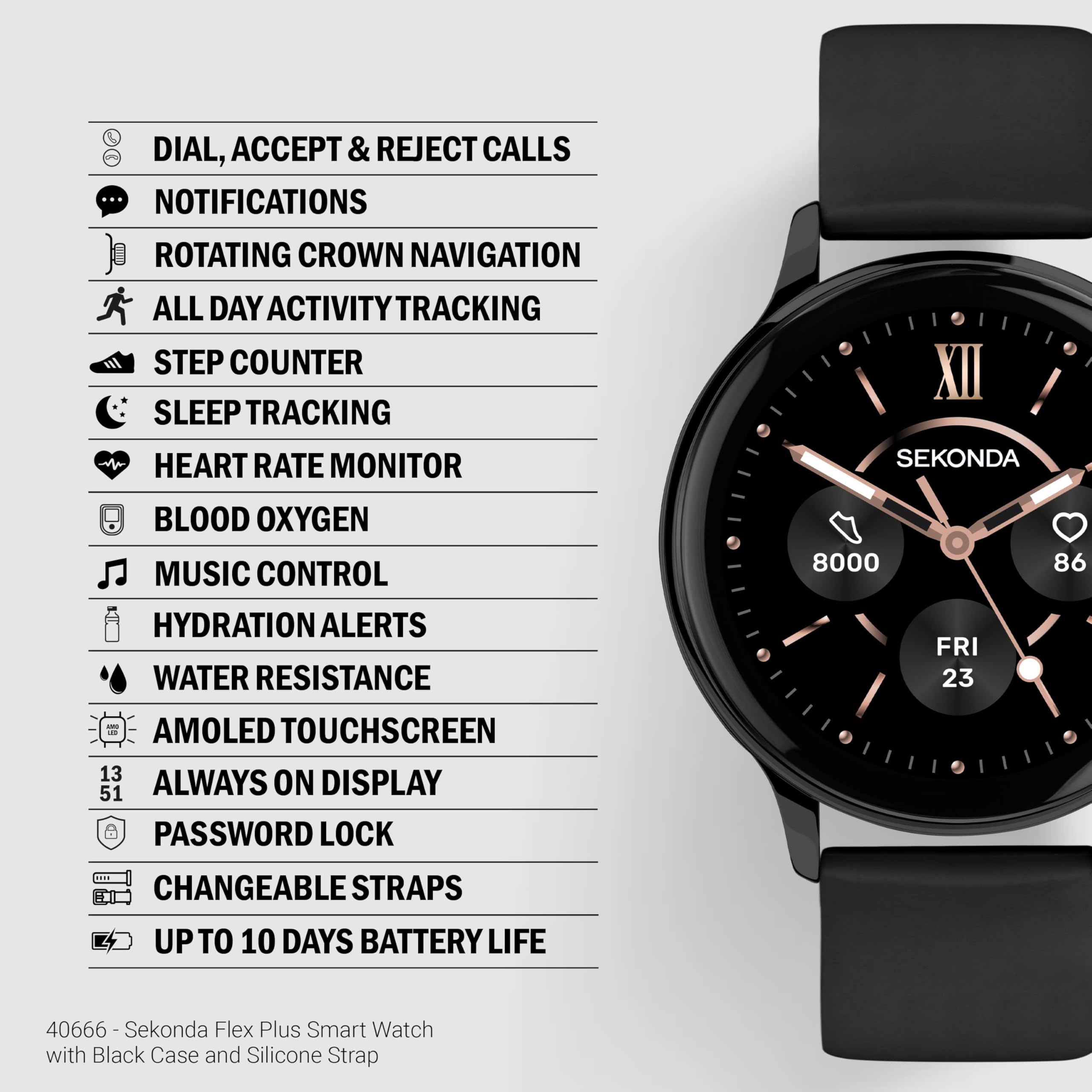 Sekonda Reloj inteligente Flex Plus de 42 mm, negro, 42mm, Correa