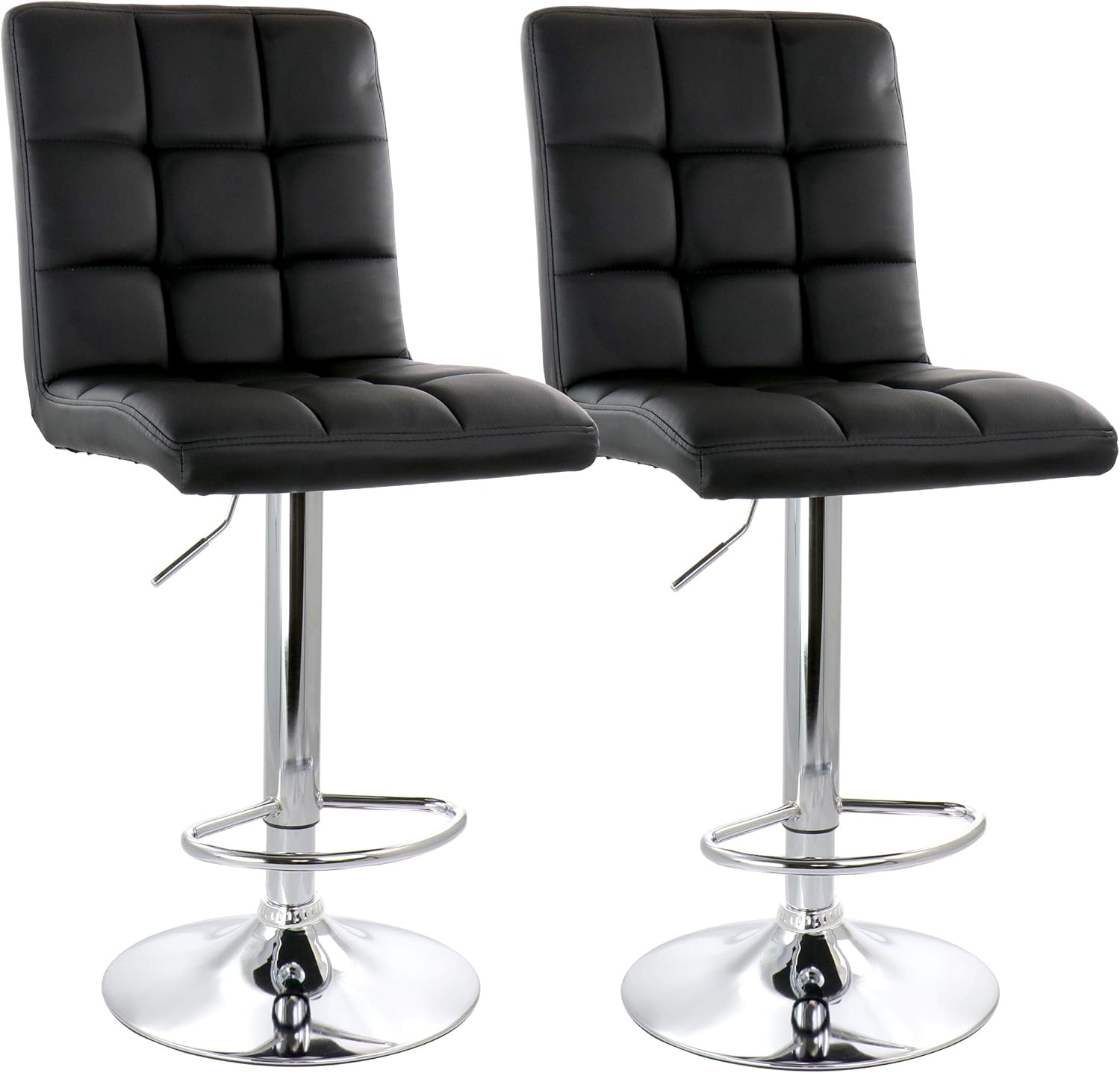 Elama Modern 2 Piece Square Tufted Faux Leather Adjustable Bar Stool in Black with Chrome Base Black, Chrome Set of 2 ELM02-708BLK