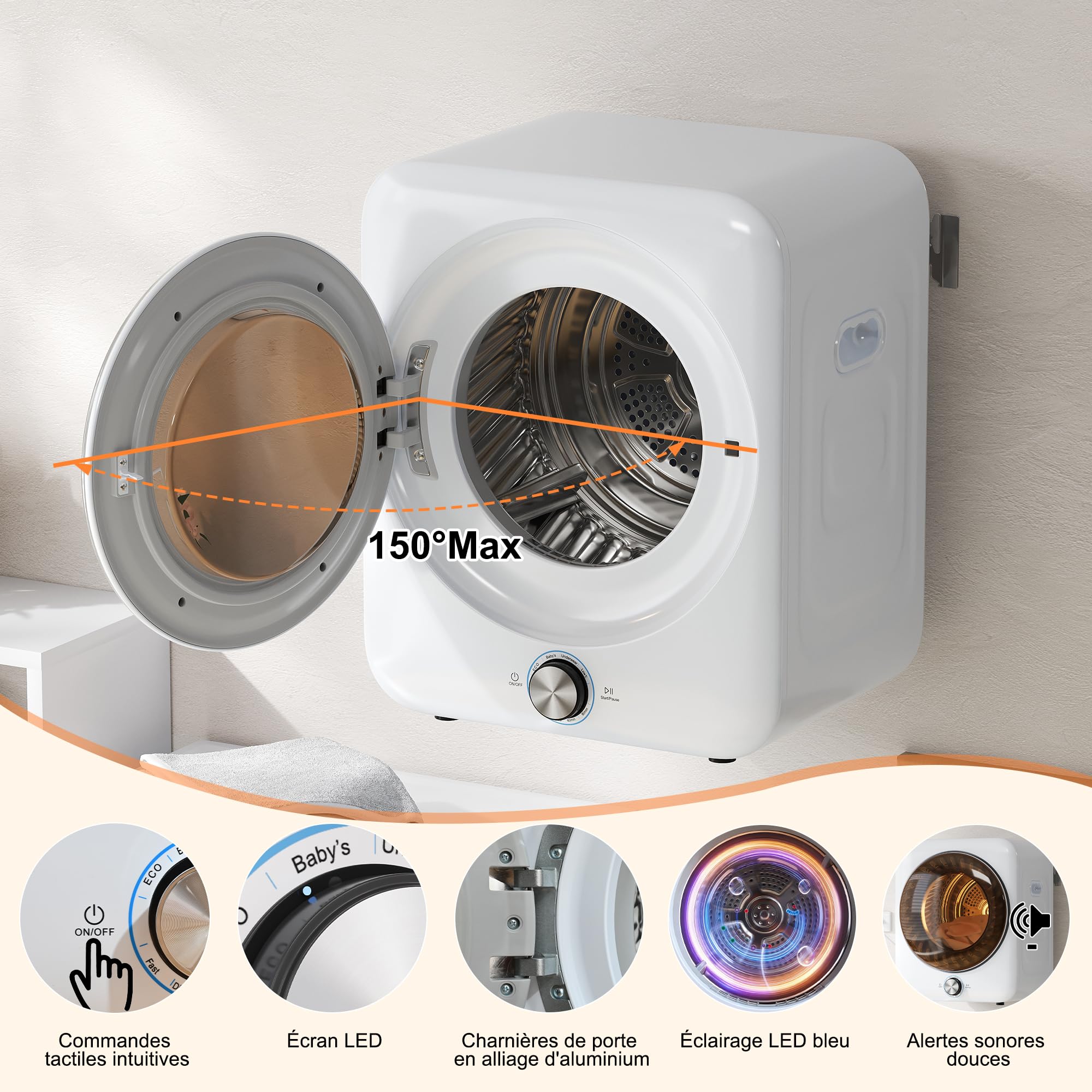 Merax Mini Sèche-linge 3kg 1350W à évacuation 8 programmes NTC 65 dB Silencieux Installation murale Double filtre 53,5×42×65 cm Blanc