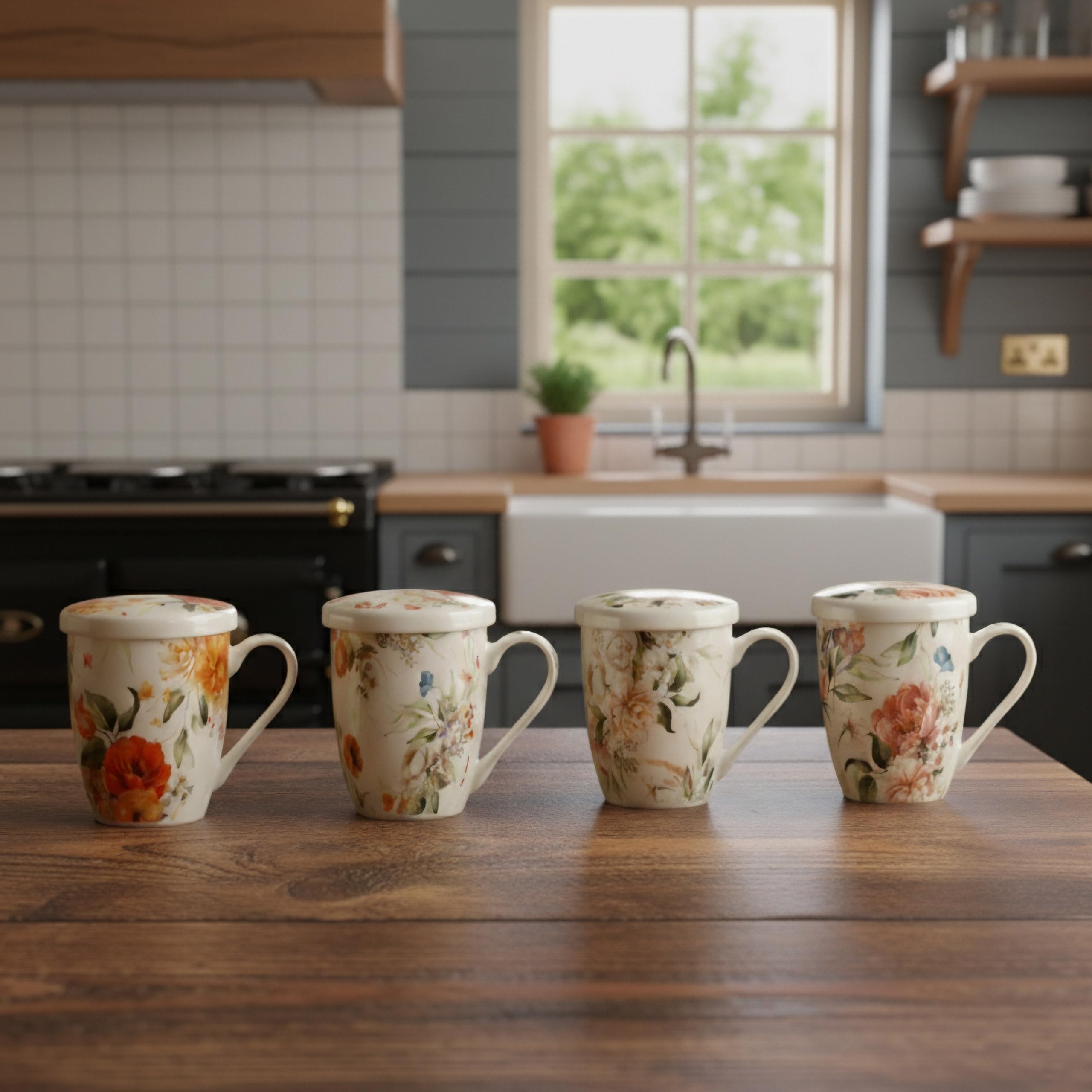 Zestaw do herbaty: Porcelanowy kubek z zaparzaczem i pokrywką do ziół - zapakowany w pudełku na prezent 340 ml (I)