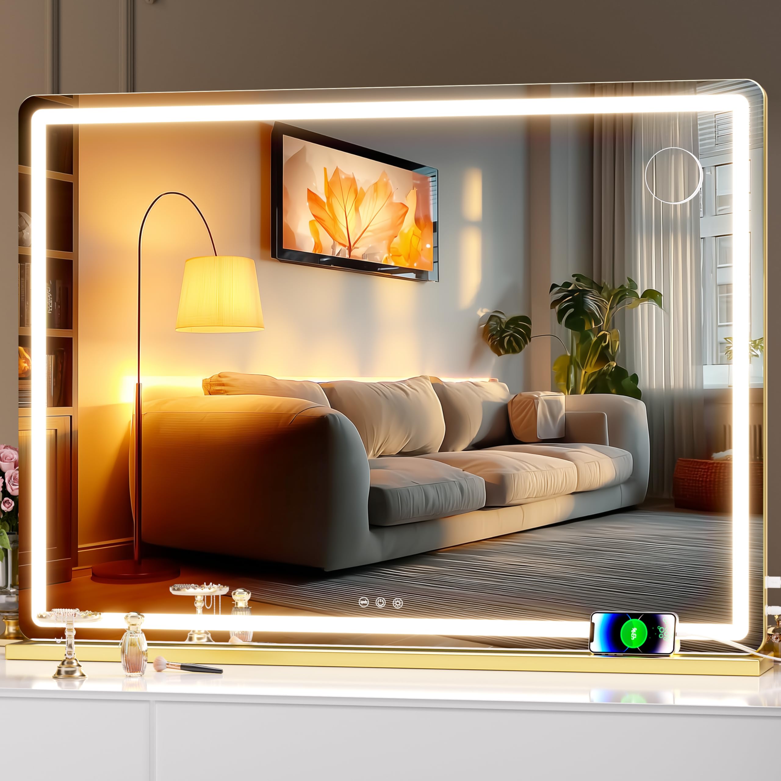 Hasipu Vanity Mirror with Lights, 100 x 75cm LED Makeup Mirror, Lighted Makeup Mirrors with Dimmable 3 Modes, Touch Screen Control Vanity Mirrors Round Gold