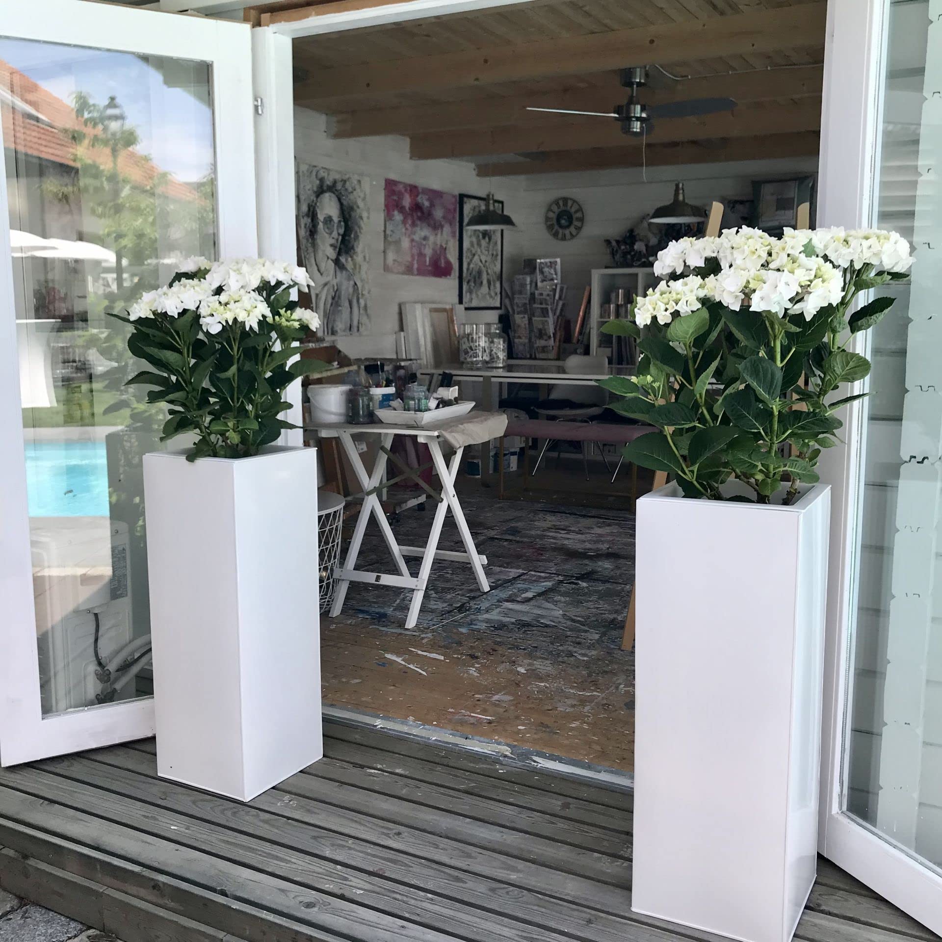 AE Trade Pot de fleurs carré haut en zinc avec système d'irrigation Blanc 80 cm