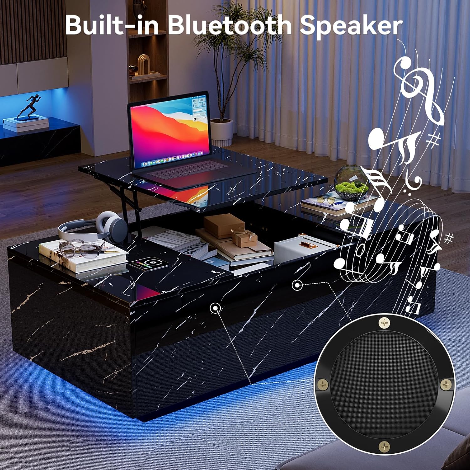 47" Modern LED Coffee Table with Lift Top, All Black Coffee Table with Storage High Gloss Surface, Hidden Storage with Drawer, Open Shelves, and Built-in Power Outlet for Living Room