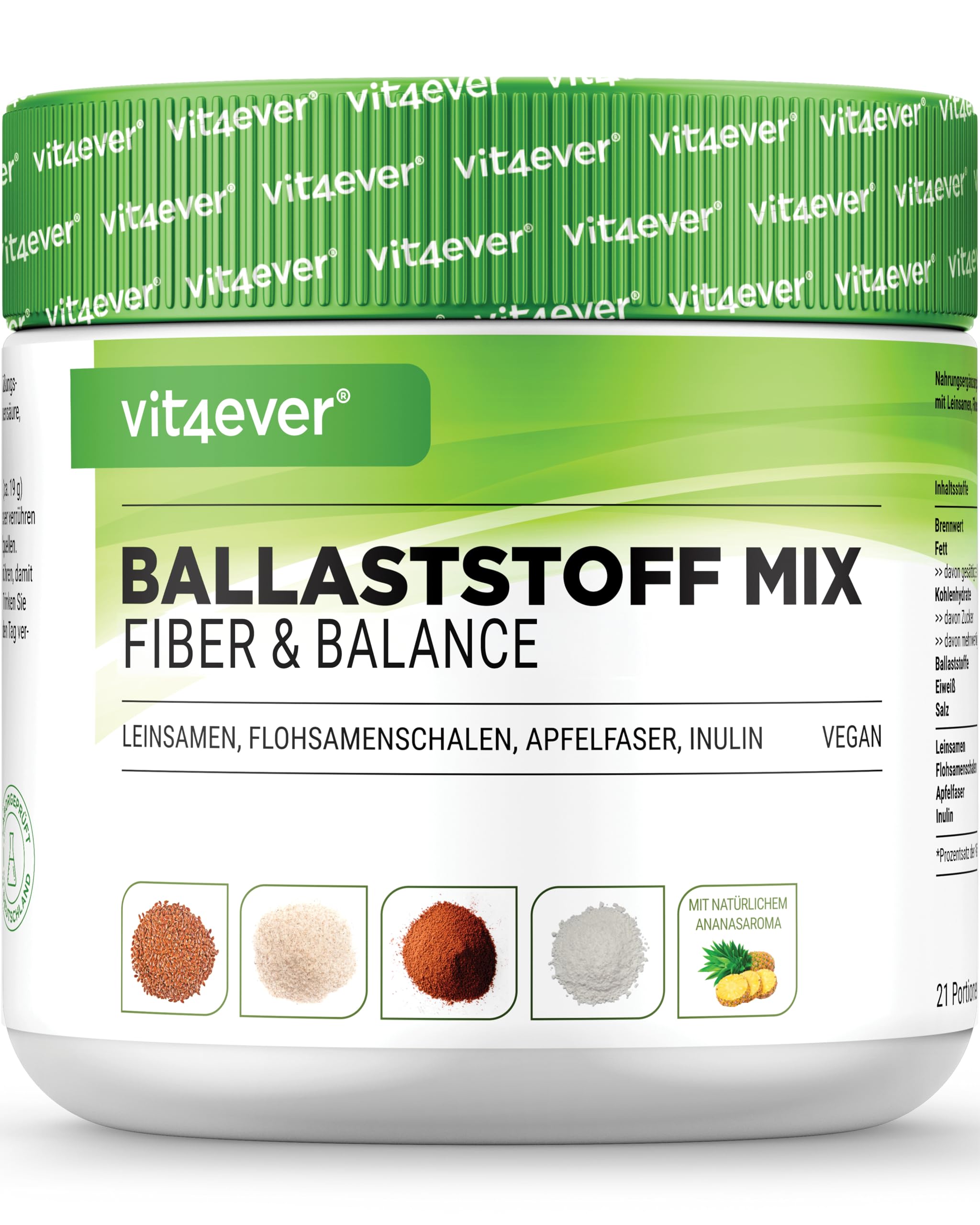 vit4ever Mélange de Fibres - 400 g de Poudre avec Téguments de Psyllium, Inuline (Prébiotique), Fibres de Pomme, Graines de Lin - Riche en Fibres - Végan - Arôme Naturel d’Ananas - Qualité Premium