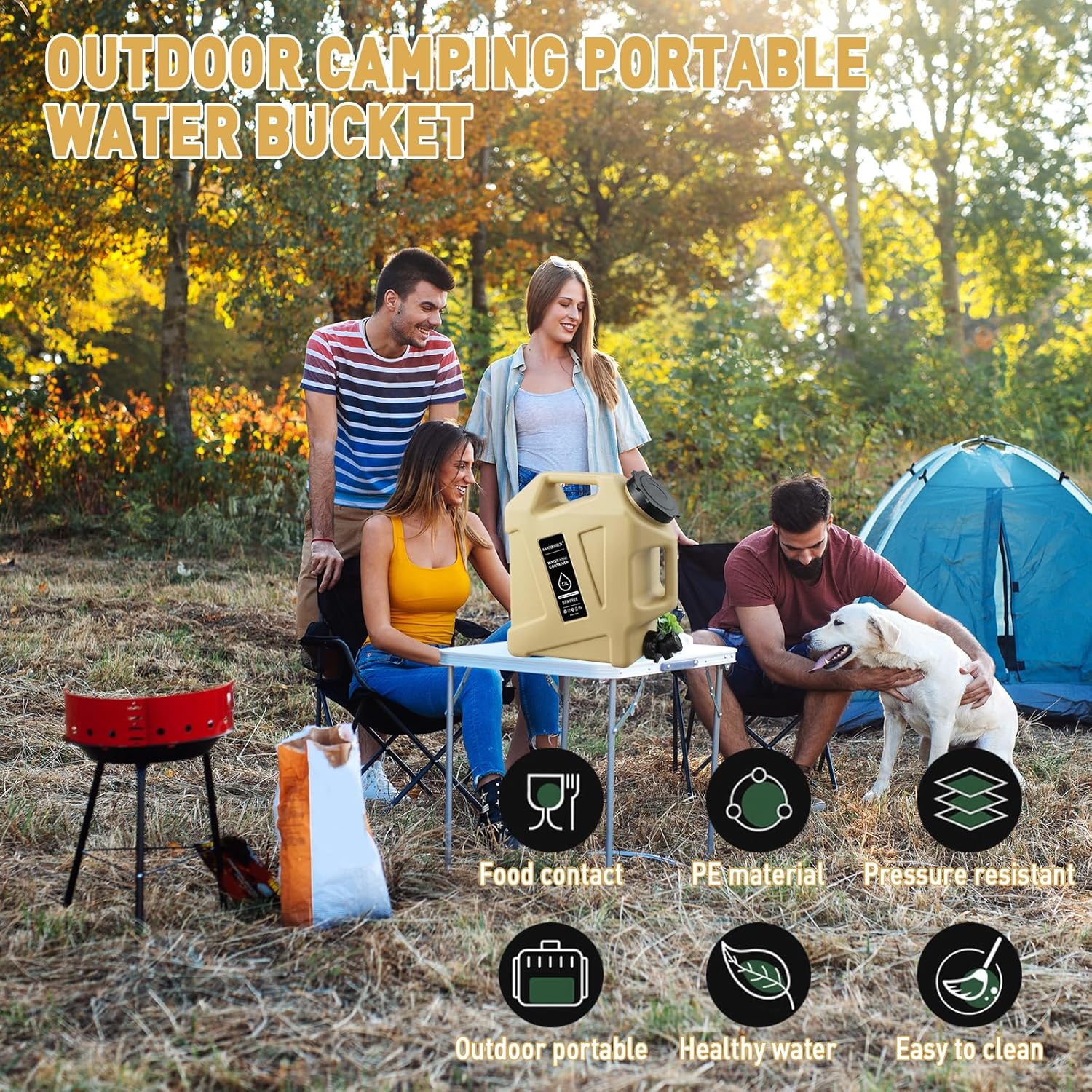 3.2 Gallon Water Jug,12L Portable Water Container with Spigot, Cleaning Brush, Detachable Hose & Extra Lid, Dual Handles Design, BPA-Free Camping Hydration Canteen, Outdoor Tank Storage PE - Khaki