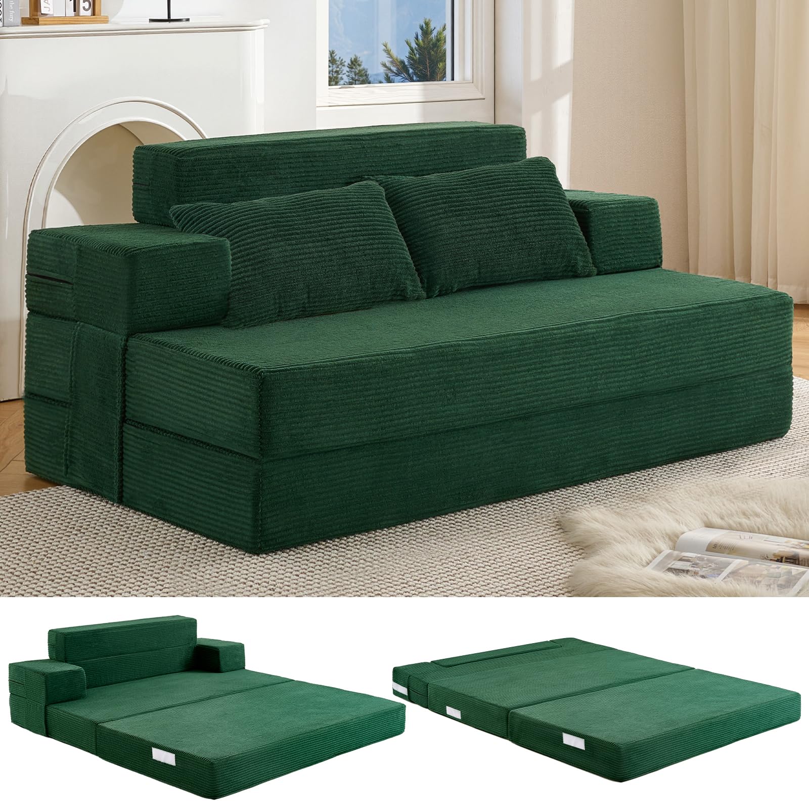 3-in-1 Schlafsofa 150 x 200 cm – Schlafsessel mit Bettfunktion, klappbares Bettsofa, Faltbare Schlafcouch mit integrierten Rückenkissen & separatem Kissen, waschbarer Bezug, Dunkelgrün