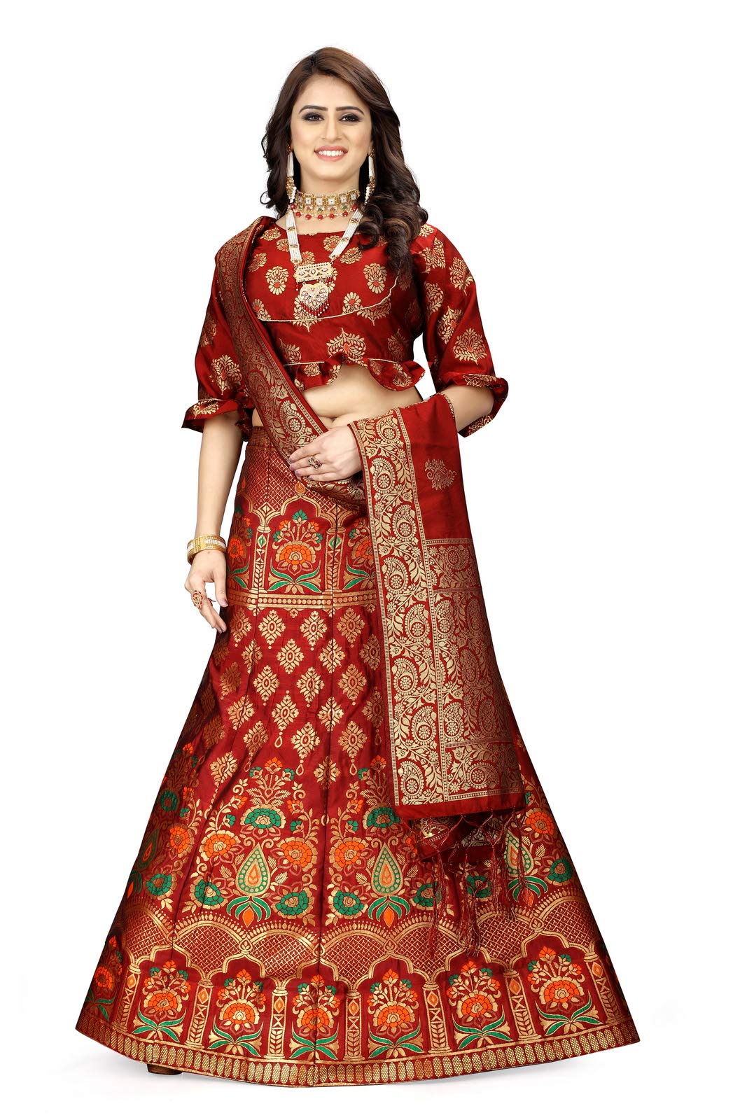Shasmi Women's Banarasi Jacquard Silk Semi Stiched Lehenga Choli With Unstitch Blouse Piece And Banarasi Dupatta (SAN 50001)