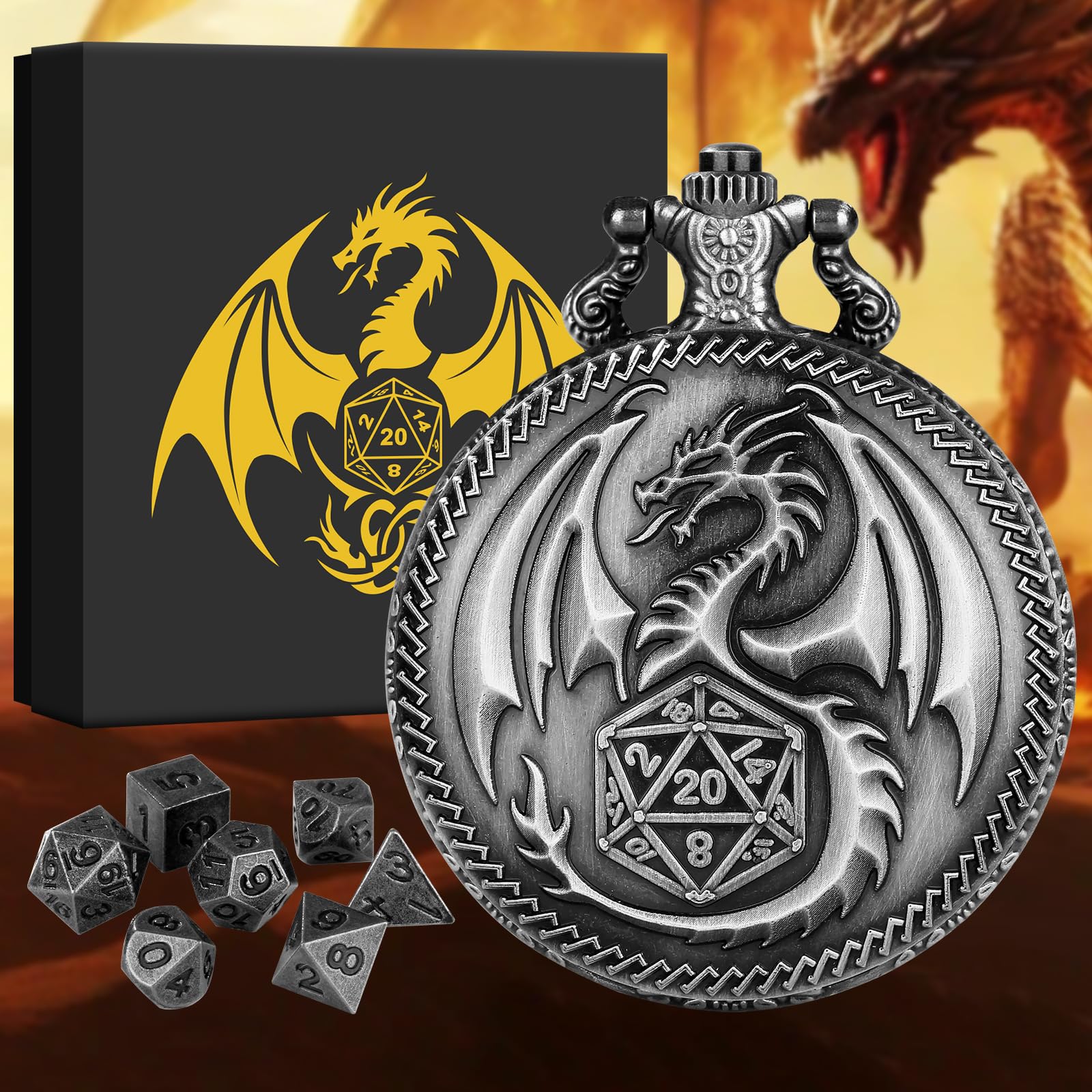 BYRRSF Mini DND Dice Set, Steampunk Dragon Pocket Watch Shell Case, 7pcs Polyhedral Metal D&D Dice Set, DND Gifts with Gift Box, Role Playing Board Game Accessories, Silver