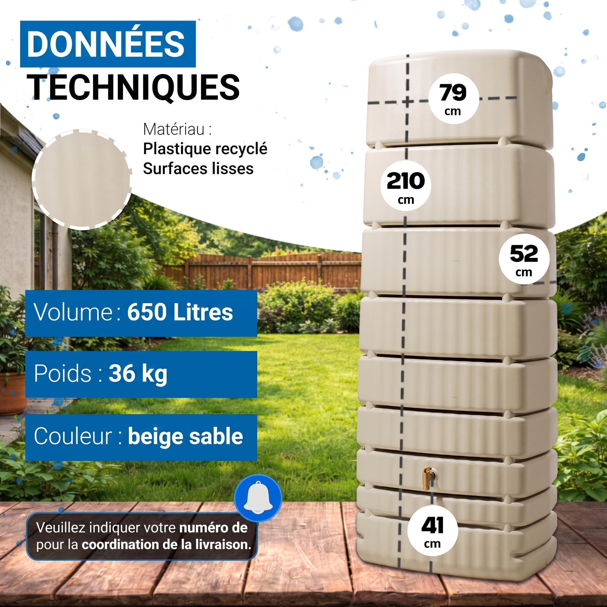 4rain Slim Kit Récupérateur d’Eau de Pluie 650L Sable