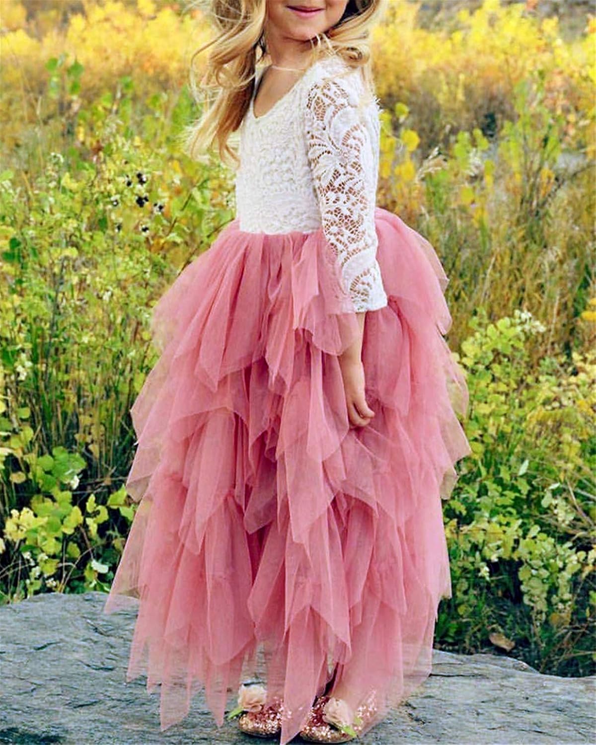 Topmaker Backless A-line Lace Back Flower Girl Dress 2T Non-beaded-sleeve-dusty-rose