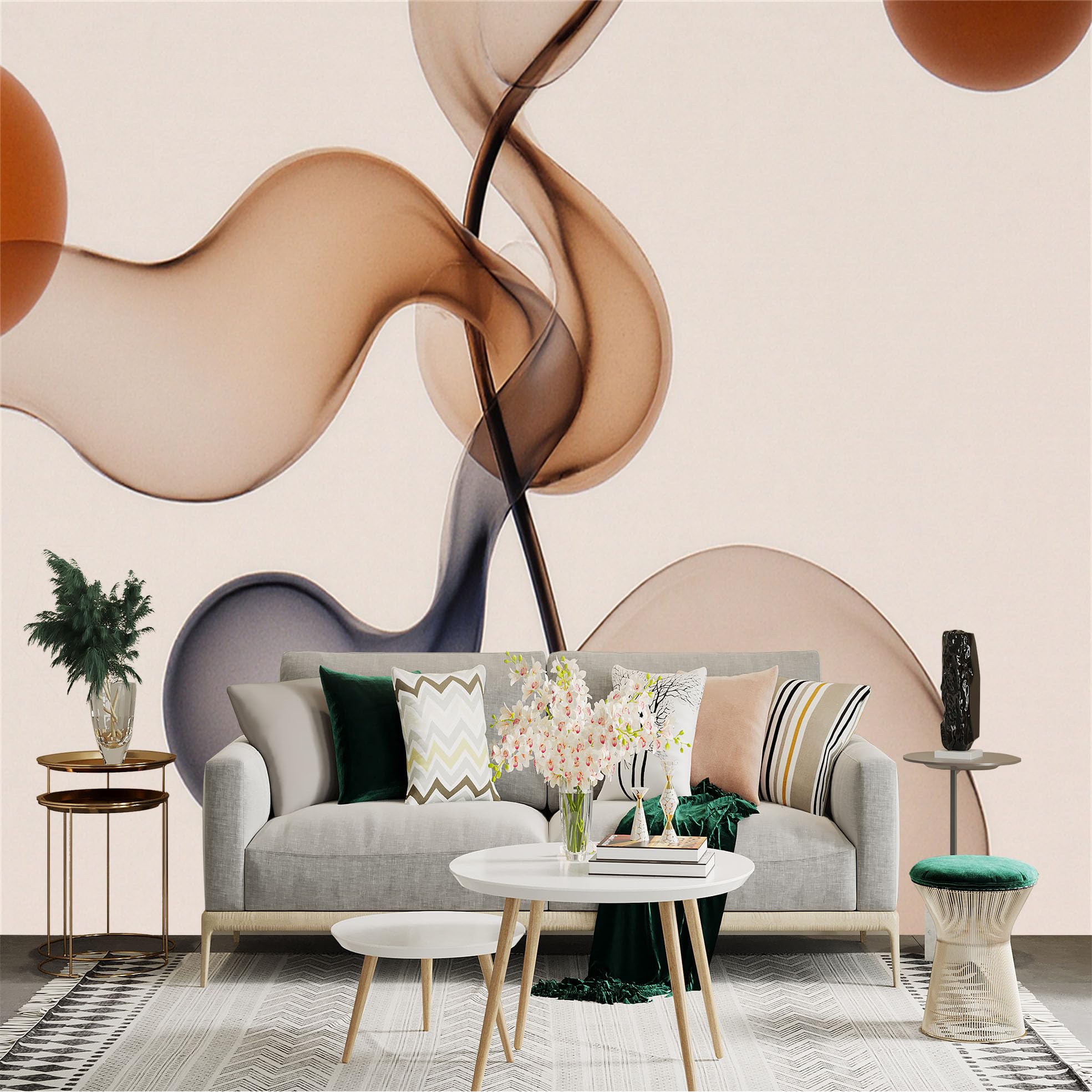 Custom Size Wall Sticker Mural， Modern Abstract Smooth Flowing Curves， Minimalist Beige and Grey Shapes， Elegant Soft Fluid Art， for wall Decoration， peelandstick wall Decals.