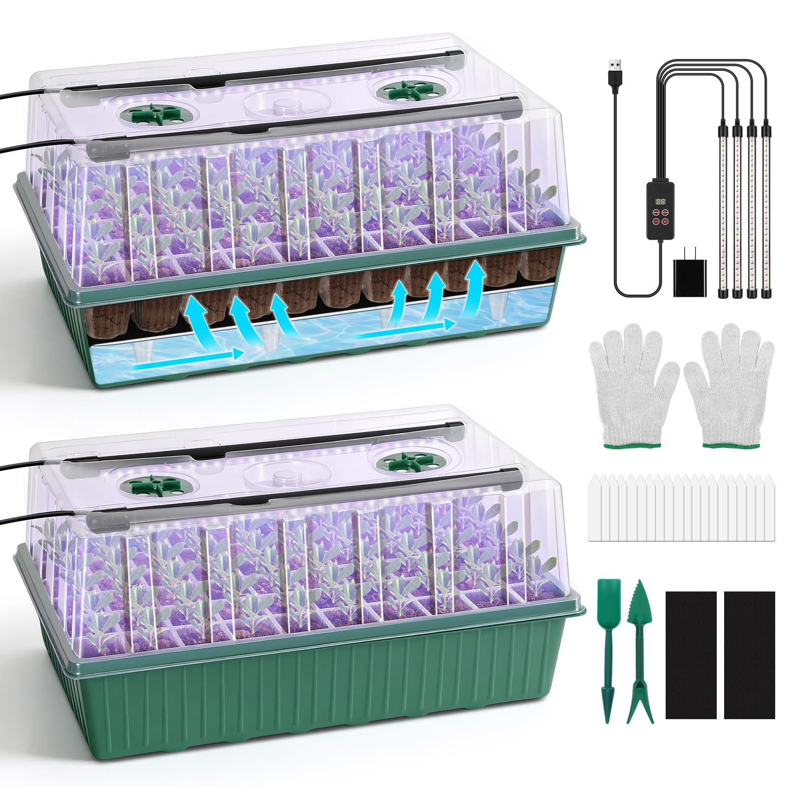BlumWay Kit de démarrage de semences auto-arrosant avec lumière de croissance et dôme d'humidité, lumière de croissance 3 couleurs, plateau de semis de plantes à 120 cellules, plateaux de germination