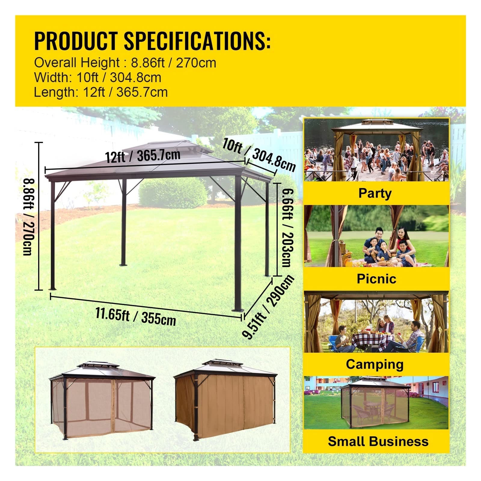 Namiot kempingowy altana z baldachimem 10x10/10x12Ft Hardtop impreza plenerowa netto Patio markiza cieniująca schronienie piknik podwórko trawnik ślub(10 x 12 feet)