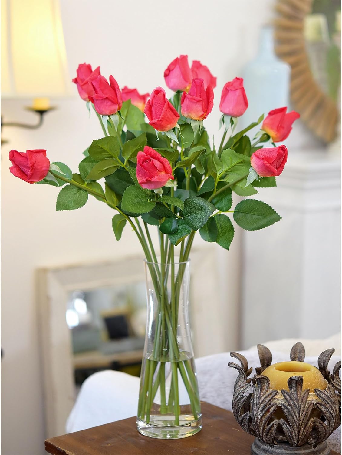 FiveSeasonStuff Charming Red Long Stem 21'' Roses Real Touch Silk Artificial Flowers ‘Petals Feel and Look Like Fresh Roses' 12 Stems