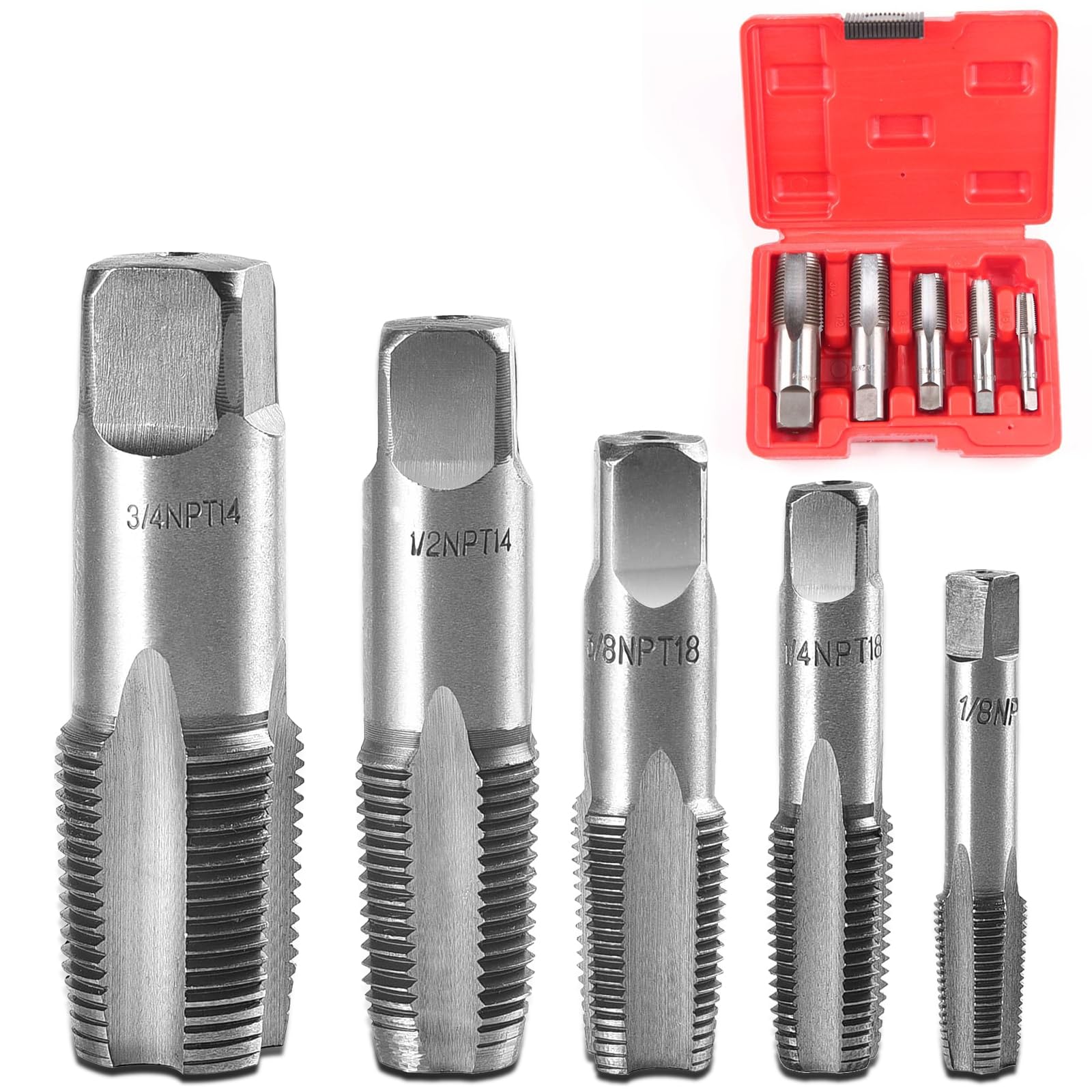 Lot de 5 tarauds NPT pour tuyaux de 1/8", 1/4", 3/8", 1/2", 3/4", 3/4", 3/4", 3/4", en acier au carbone pour tuyaux en PVC, filetage précis