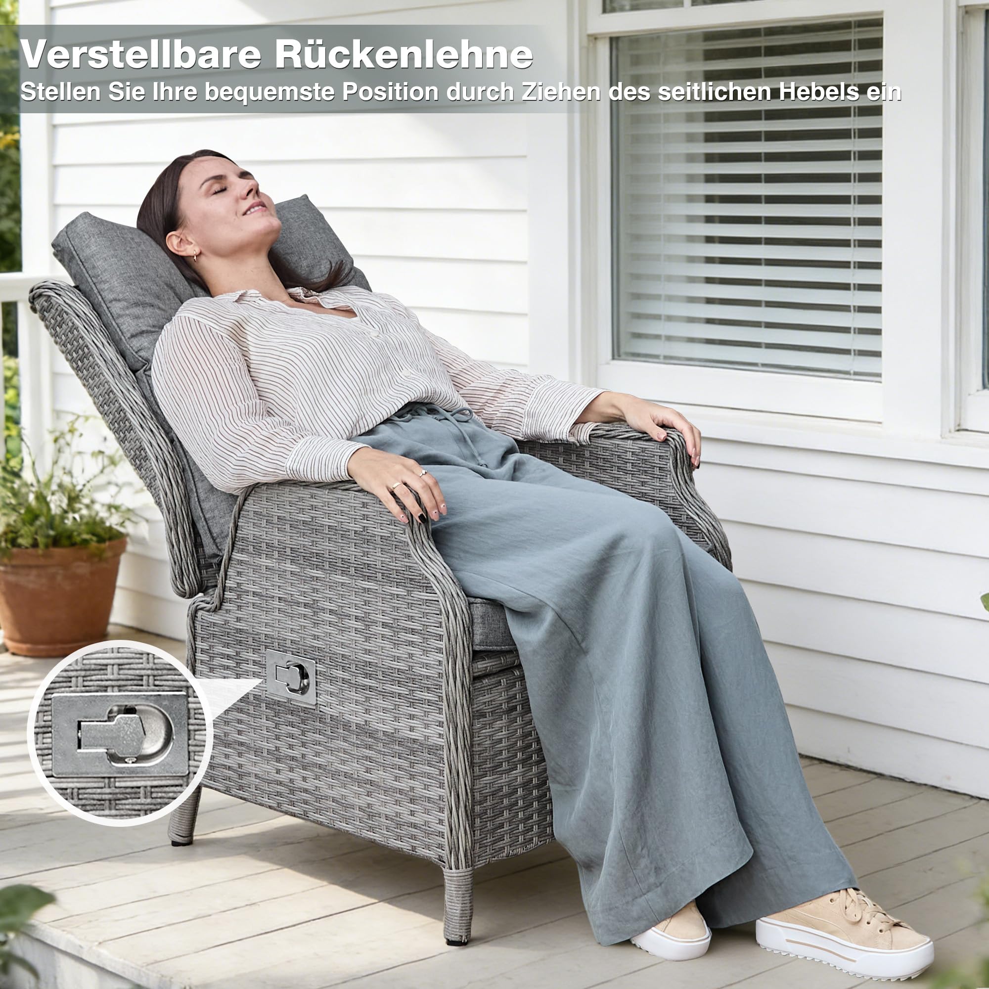 COMLAX FIELD Rattan Gartenstuhl mit Verstellbarer Rückenlehne, Gartensessel Wetterfest, Rattansessel Outdoor, Essstuhl Lounge Sessel für Garten Balkon Indoor