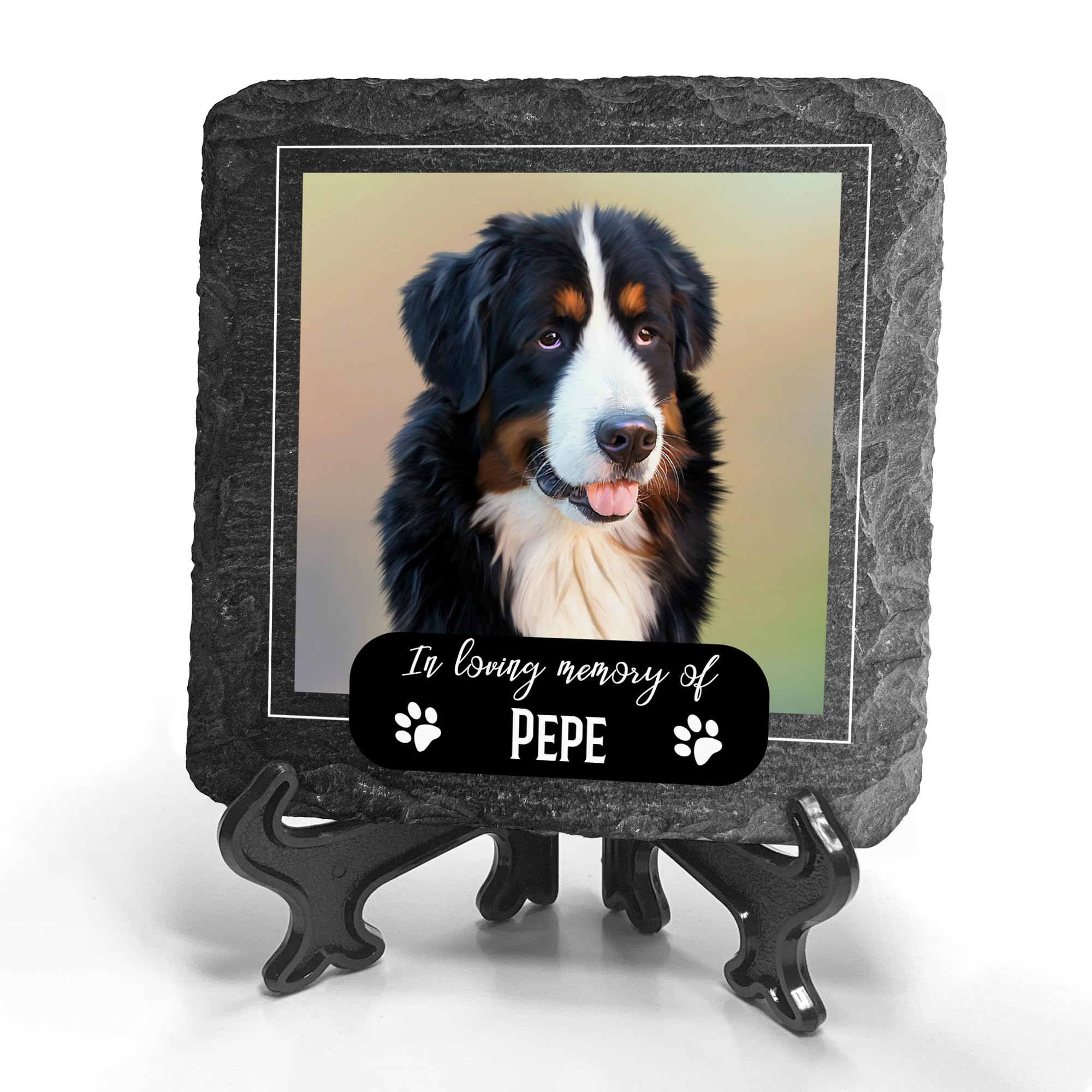TULLUN Personalised Individual Square Memorial Small Plaque with Display Stand For Pet Cat Dog Slate Stone Frame Paw Grave Marker - Size 3.94" x 3.94" or 100 x 100 mm - Image Frame — image 1