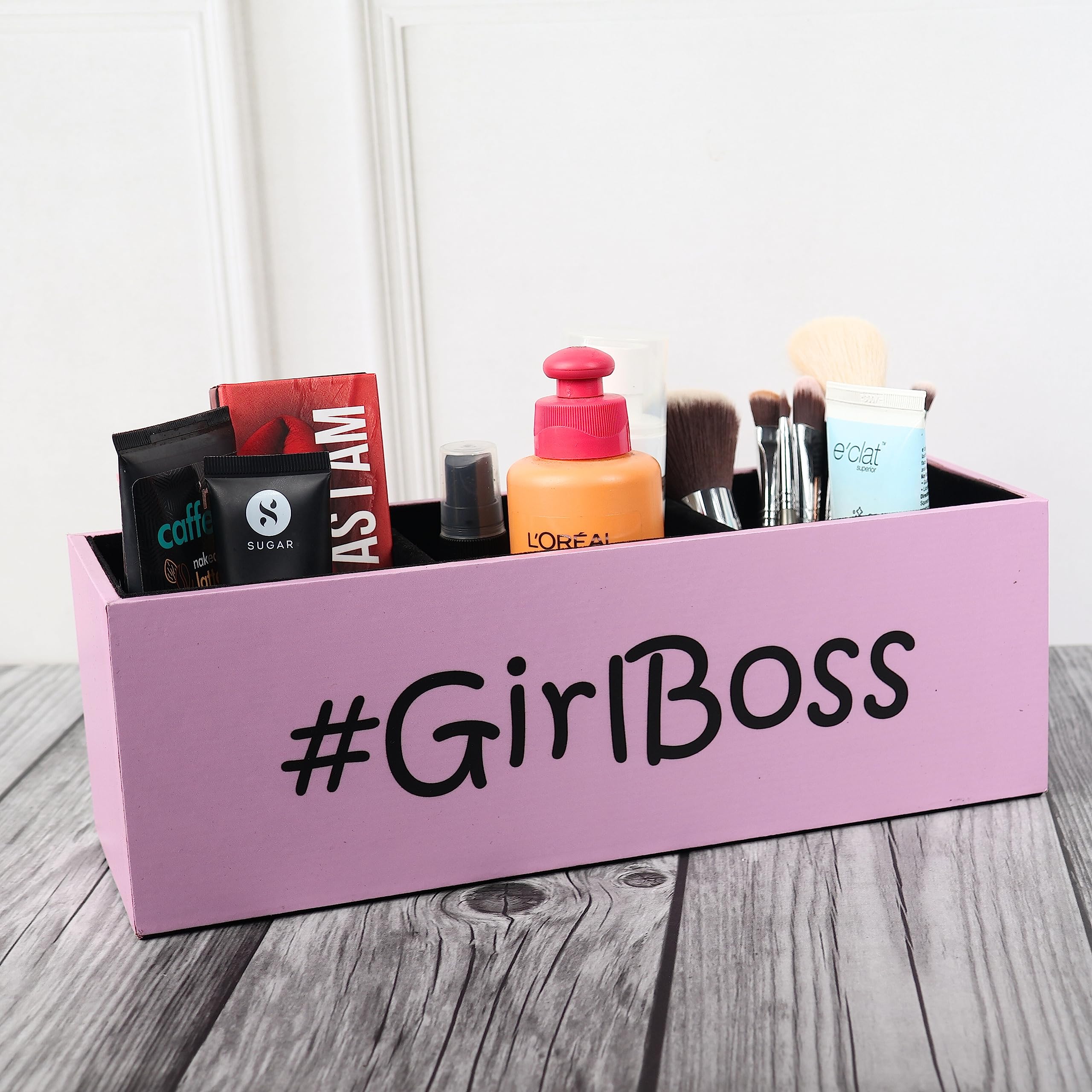 Each and Everything wooden Desk Organizer Pen Pencil Caddy Storage Box For Office, School, Home, Table Organizer & Art Supplies Accessories With Four Slots (Girl boss)