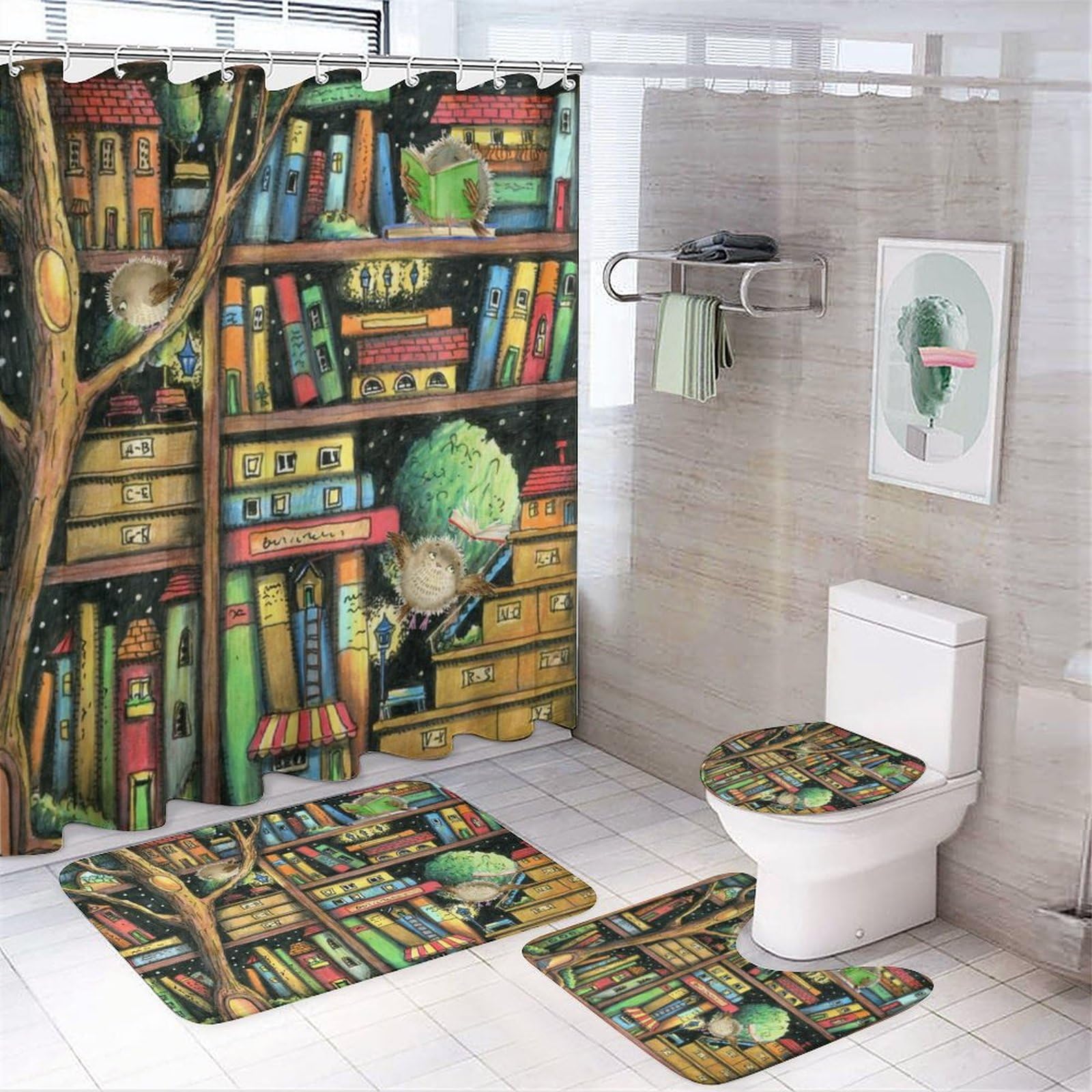 Coalho Retro Bookshelf Books 4 Pcs Waterproof Shower Curtain Set Abstract Books Bookshelf With Waterproof Toilet Cover Shower Mat Rugs,183X183cm