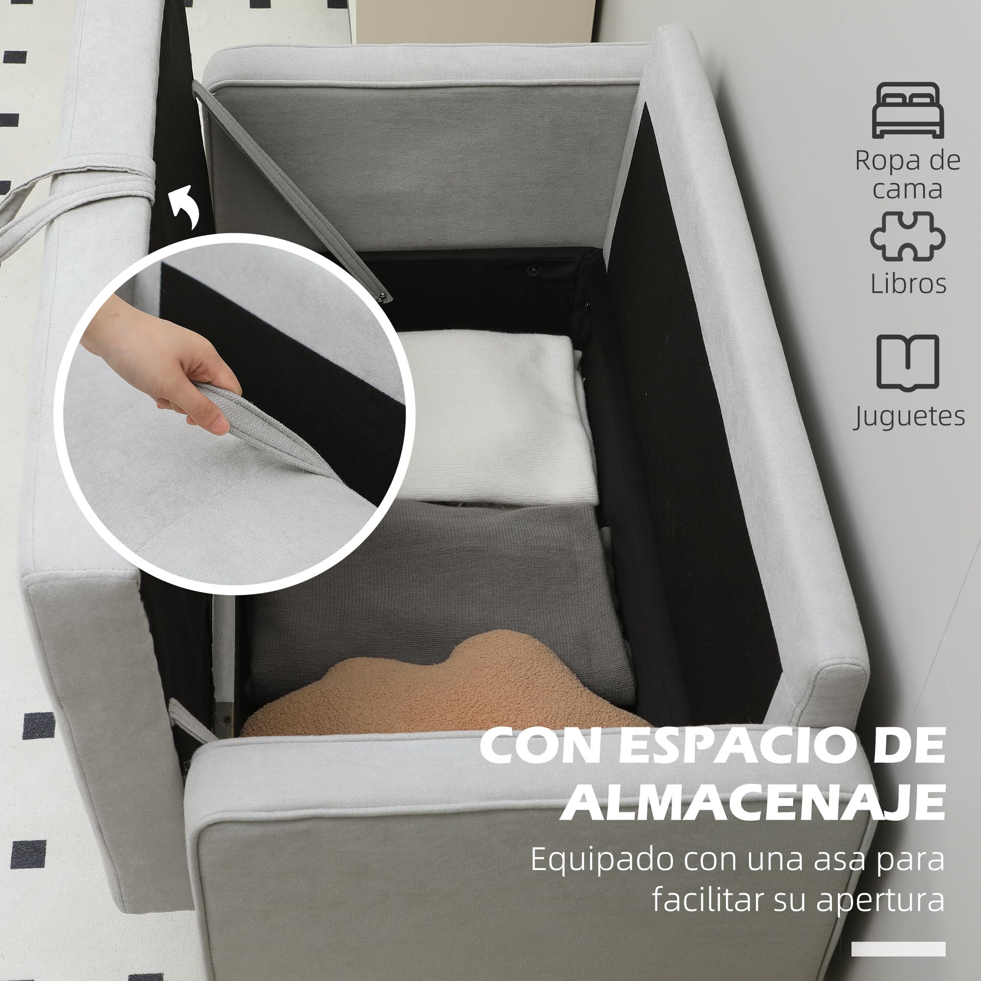 HOMCOM Sofá de 2 Plazas con Espacio de Almacenamiento, Sofá Moderno de Terciopelo con Patas de Madera, Respaldo Capitoné, para Salón, Dormitorio, Oficina, 117x62x78 cm, Gris Claro
