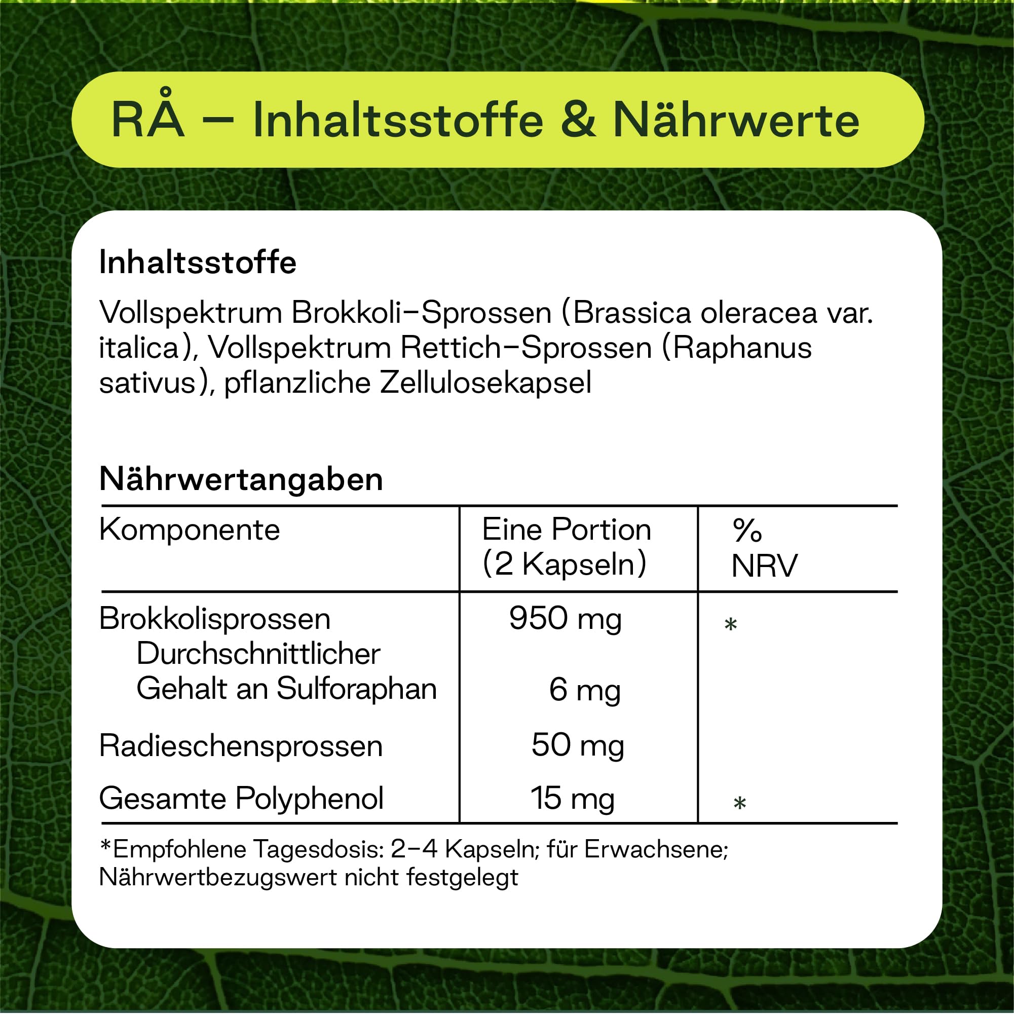 RÅ Aktive Sulforaphan Kapseln aus Norwegen- 28500 mg Gefriergetrocknete Brokkolisprossen - Kein Extrakt - Aktive Vollspektrum Brokkoli Kapseln, 60 Kapseln - Pure Food Norway