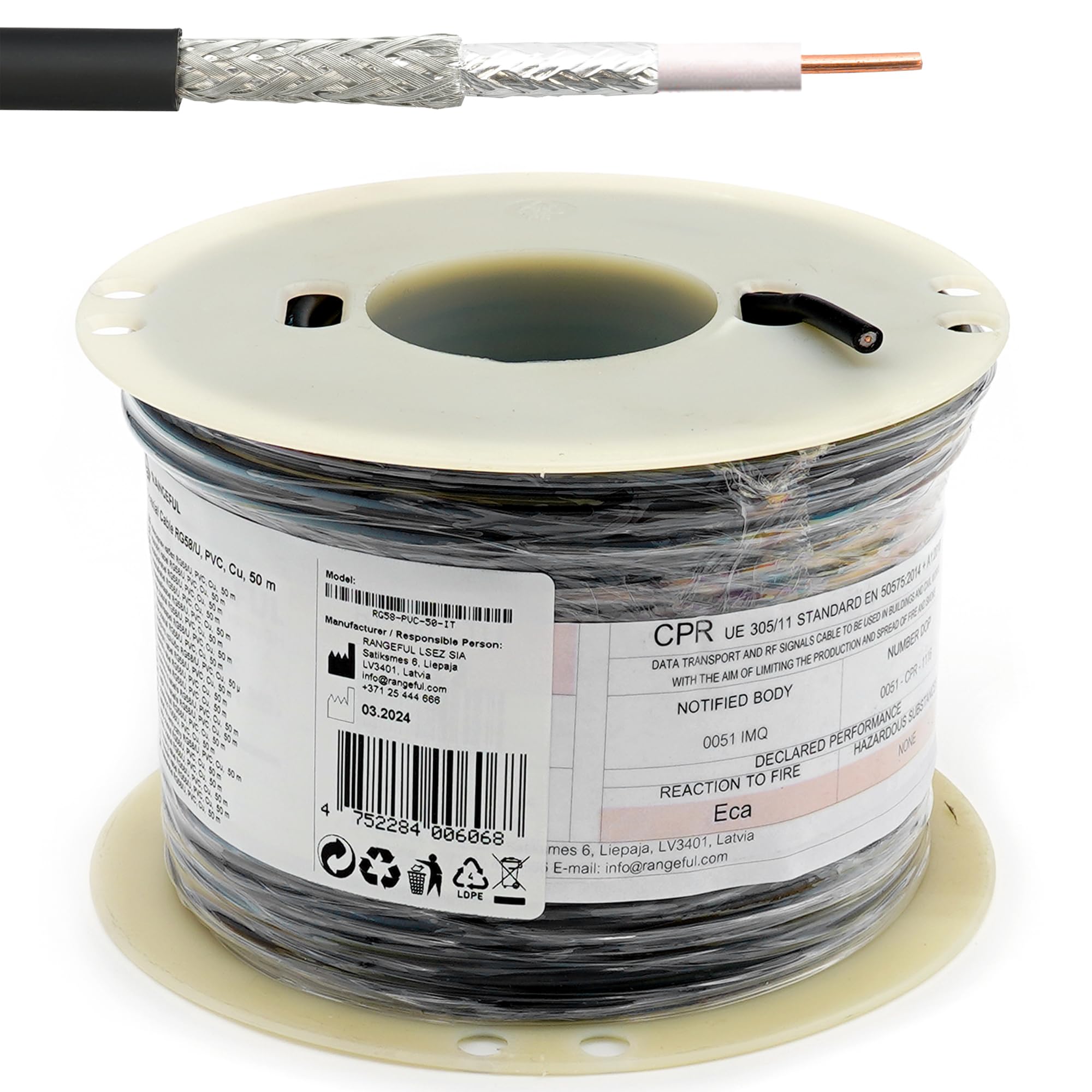 RANGEFUL RG58 Coaxial Cable 50m 164ft, Low Loss 50ohm RF Extension Coax