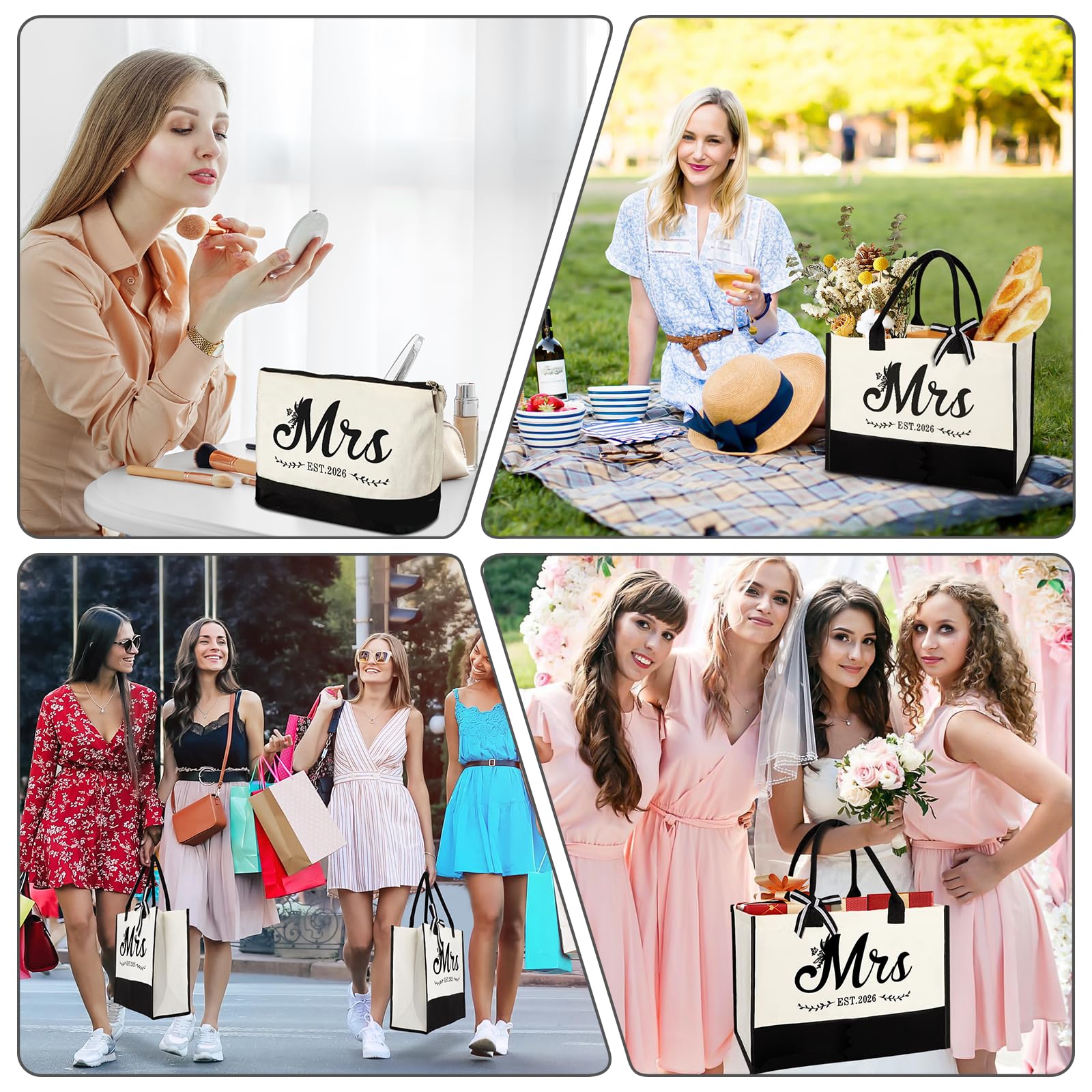 Mrs 2026 Bride Canvas Tote Bag with Makeup Bag, Wedding Gifts for Bridal Shower Bachelorette Party Engagement Honeymoon, Miss to Mrs, Bride to Be Gifts
