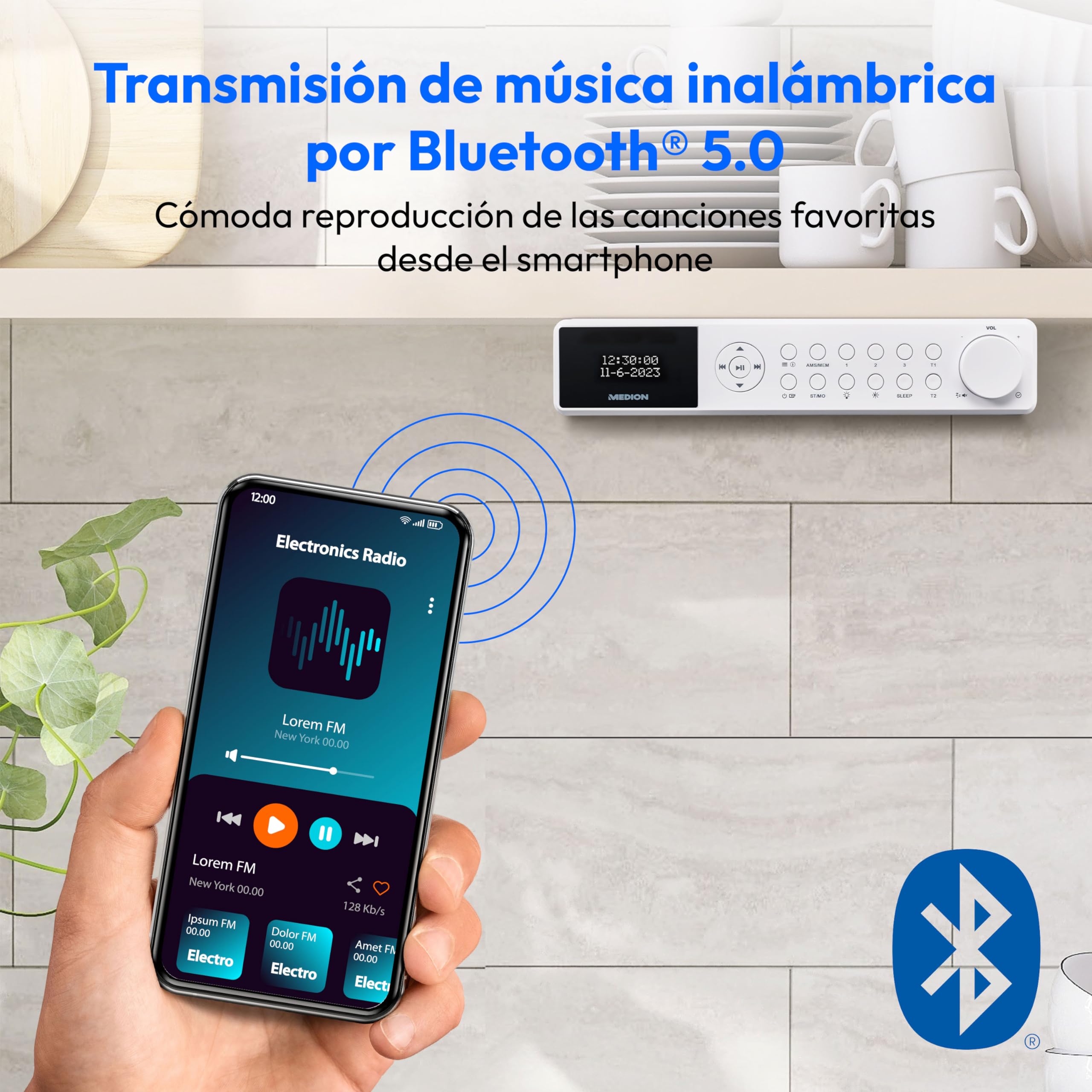 Radio de Cocina para Montaje Empotrado MEDION E6660 (Radio de Cocina Dab+, Radio FM PLL, Bluetooth, Tira de Luces led, Montaje Empotrado, Temporizador de cocción, Pantalla de Reloj) Blanca