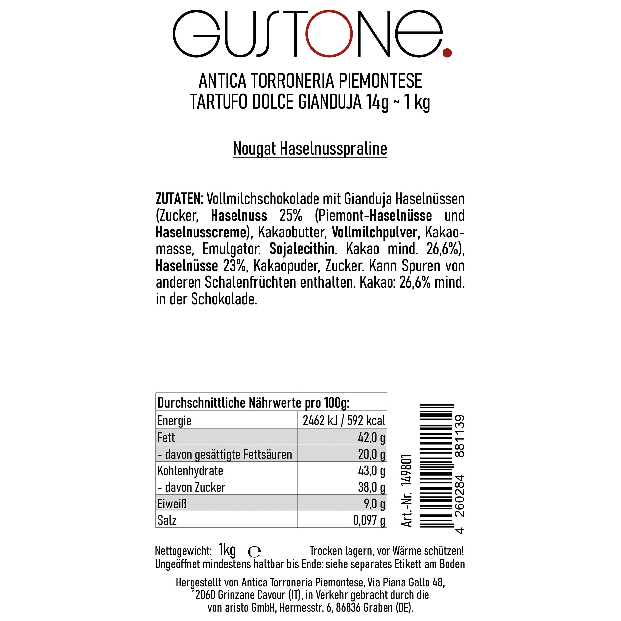 GUSTONE. Tartufi dolci gianduja 70 Stück je 14g Antica Torroneria 1kg | Schokoladentrüffel, italienische Confiserie-Tradition, 48% Kakao, glutenfrei, schönes Gastgeschenk