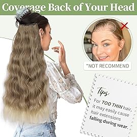 KooKaStyle Invisible Wire Hair Extensions with Transparent Wire Adjustable Size 4 Secure Clips Long Wavy Secret Synthetic Hairpiece for Women(24 Inch 10T613Ash Brown mix Bleach Blonde)