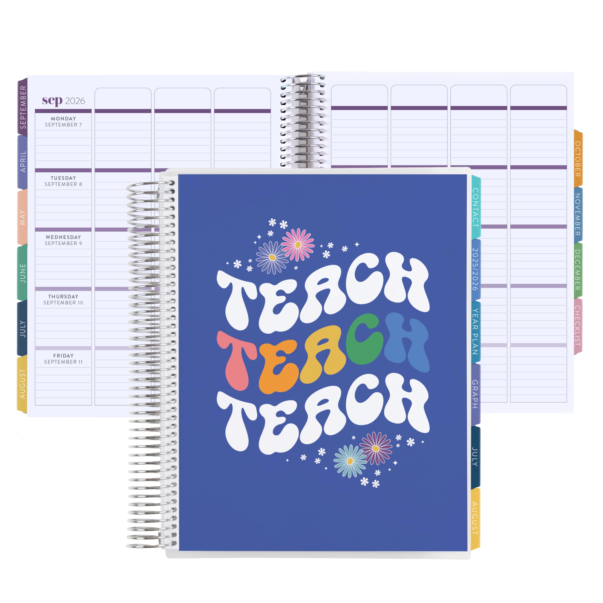 21,6 x 28,9 cm Spiral-Lektionsplaner (Januar 2026 – Dezember 2026) – Teach Classic Cover, horizontales Layout, Sechseck-Thema, Platin-Spule