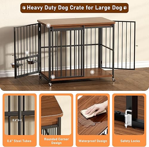 Miniatura 6 de Muebles de jaula para perros, 41 pulgadas, de madera, para interiores con puerta delantera deslizante, aberturas multilaterales y ventana