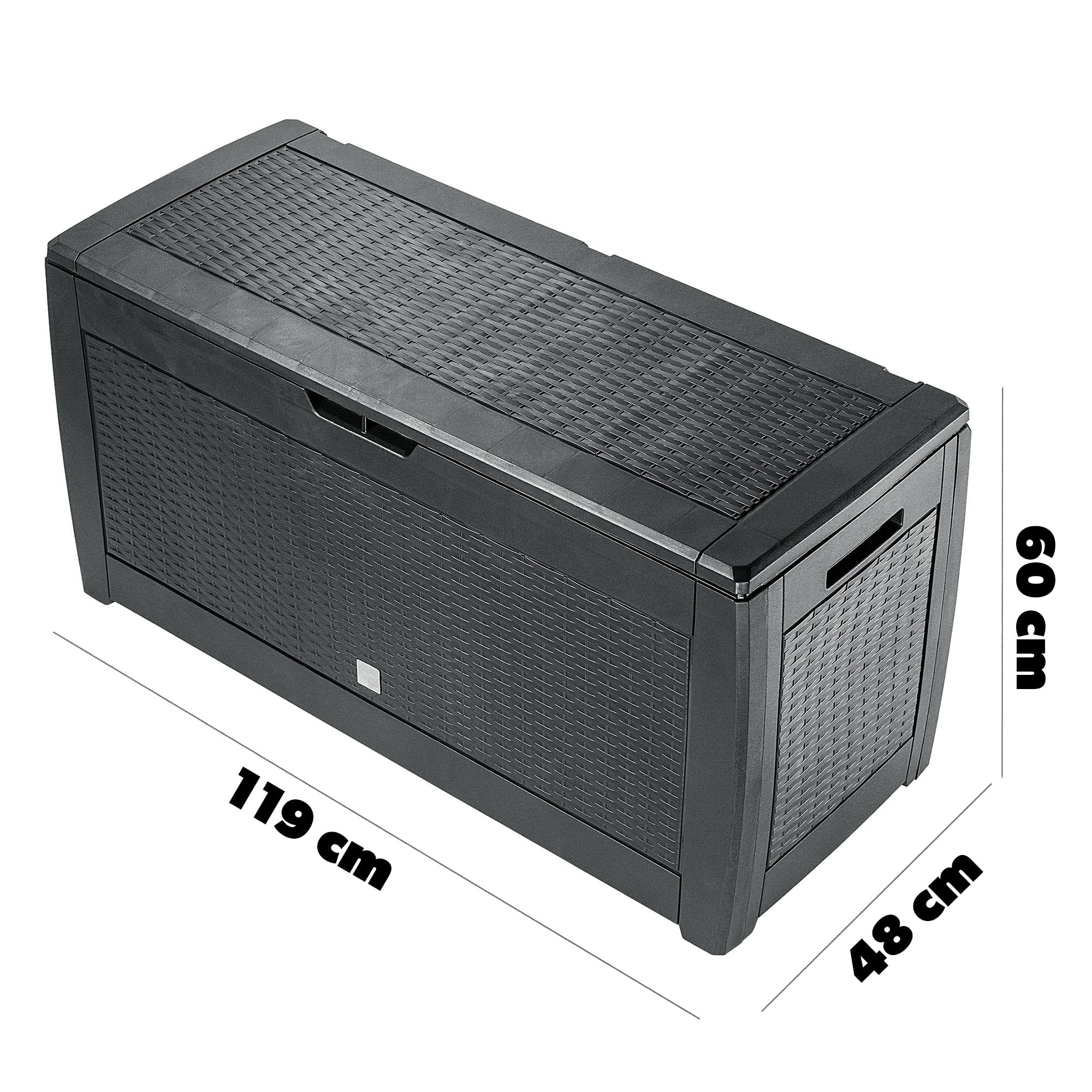 KADAX Skrzynia ogrodowa 310 l, 119x48x60 cm, antracyt, odporna na pogodę, na poduszki, zabawki i podkładki na siedziska, porządek na tarasie i w ogrodzie