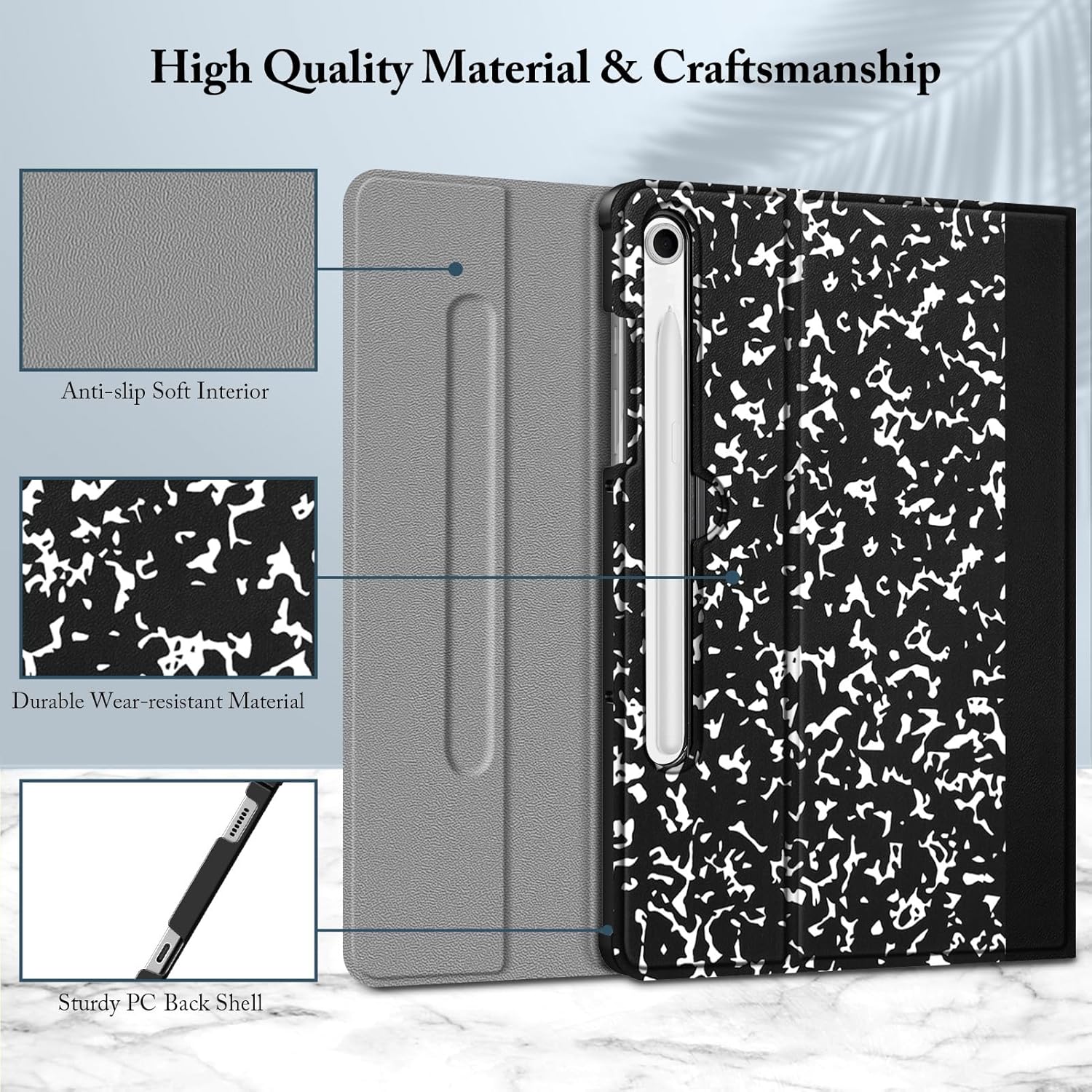 Image detailing the high-quality materials and craftsmanship of the case, including anti-slip soft interior, durable wear-resistant material, and sturdy PC back shell.