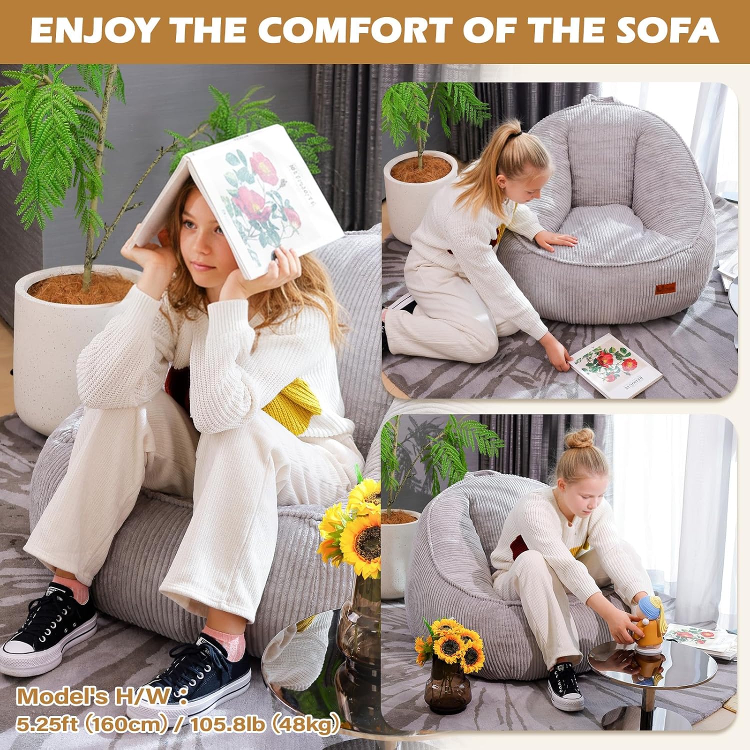 Bean Bag Chair, Cozy Fluffy Beanbag Chairs with Filler for Teens and Kids, Floor Lazy Sofa for Living Room Gaming & Reading (M-Slate Grey)