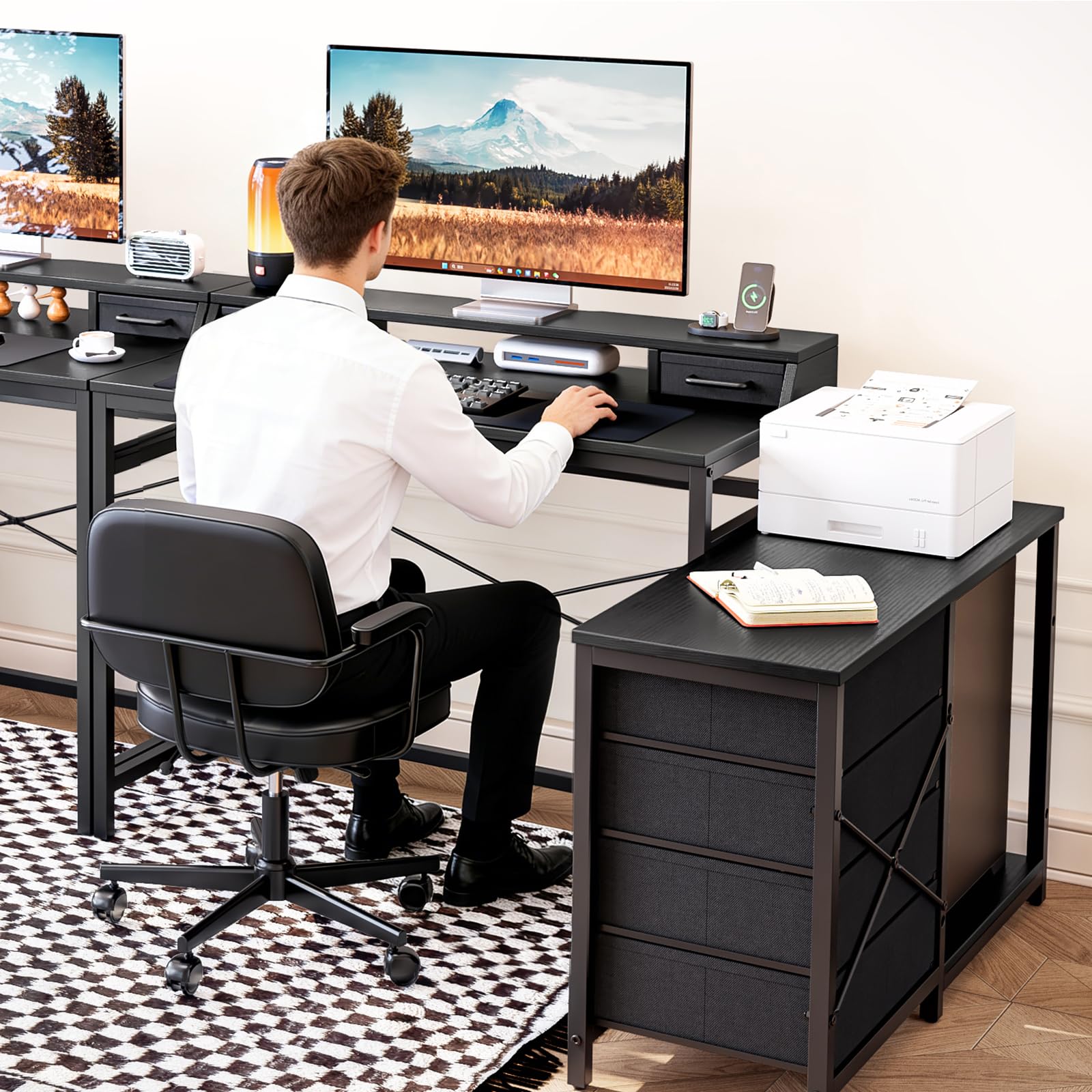 Escritorio Gaming Esquinero con Cajones y Soporte para Monitor | Reversible izquierda/derecha, 135 × 100 cm, Negro, Ideal para PC y oficina en casa
