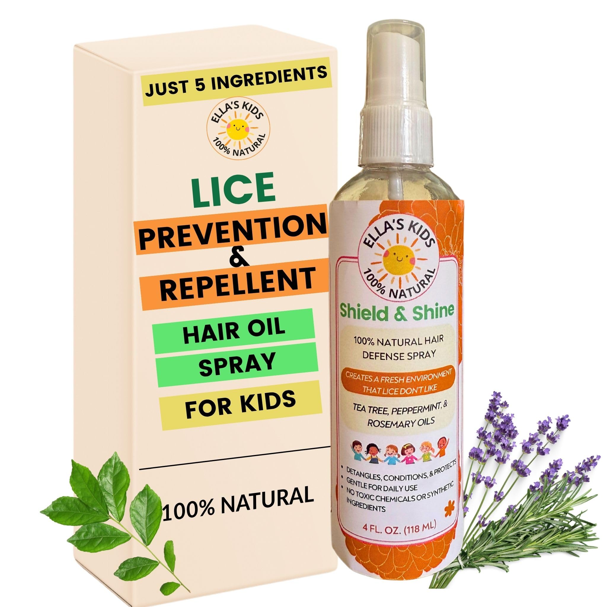 Natural Lice Prevention and Repellent Hair Oil Spray for Kids Hair – Made with Essential Oils, Detangles and Conditions, Only 5 Oil Ingredients - Tea Tree, Rosemary, and Lavender Oils by Ella’s Kids