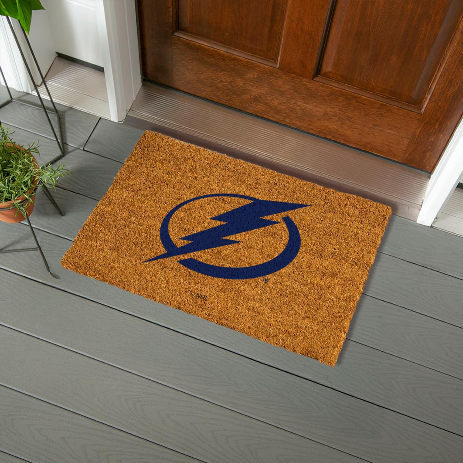 NHL Tampa Bay Lightning Natural Coir Doormat, Official Full Color Team Logo, 28 x 16 Inches, Non Slip Back, Front Door Welcome Floor Mats, Indoor