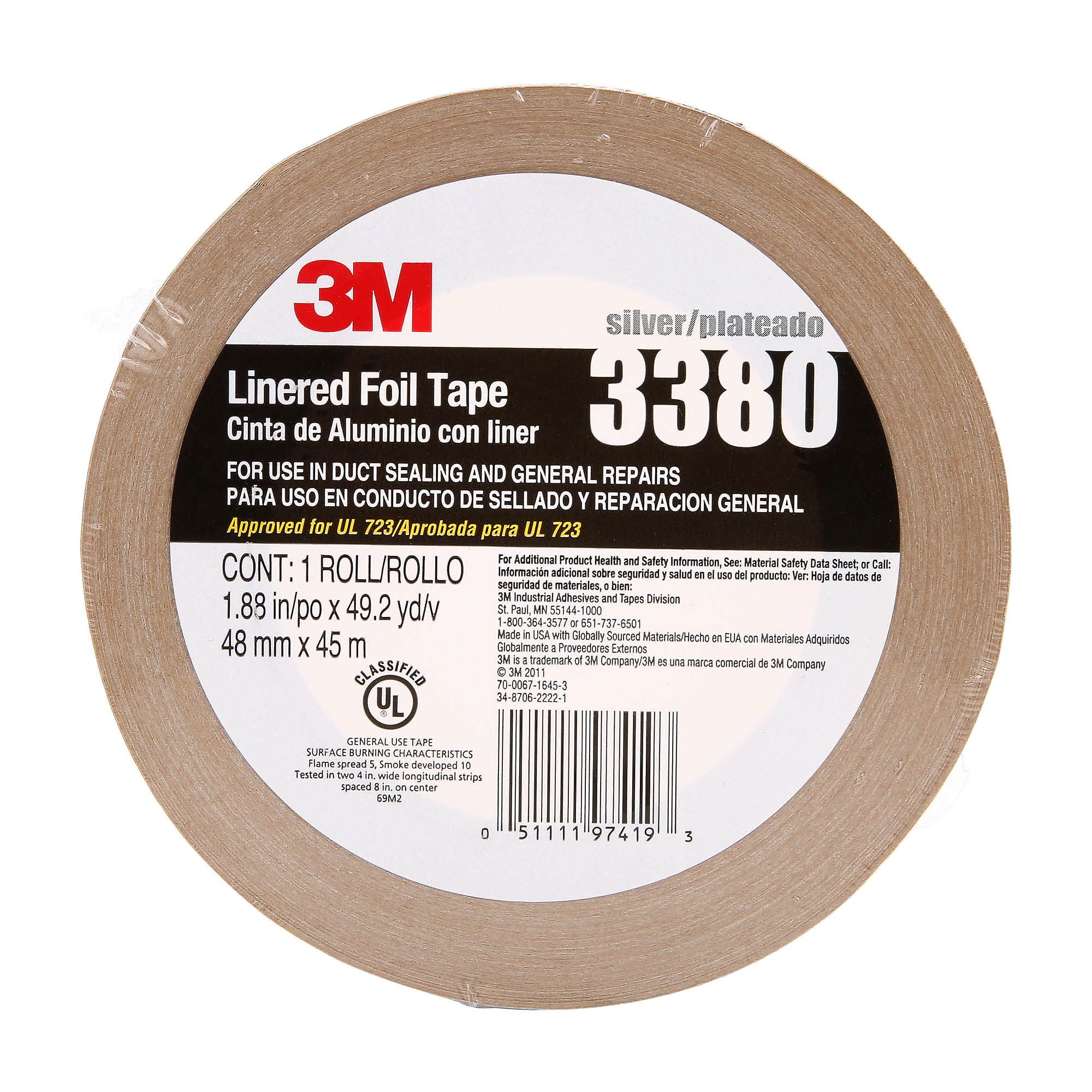 3M 3380 - Cinta de aluminio forrada (varios tamaños), color plateado, 48 mm x 45 m, 1