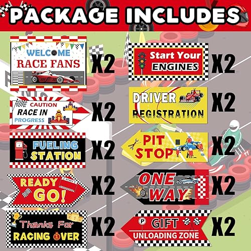 Miniatura 2 de Hooqict 20 piezas de decoración de fiesta de coche de carreras, letreros direccionales para fiestas de coches de carreras, suministros de fiesta de
