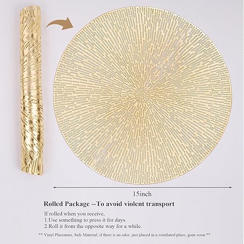 Miniatura 6 de Juego de 6 manteles individuales redondos de 15 pulgadas, manteles individuales dorados de vinilo prensado metálico, antideslizantes, lavables,