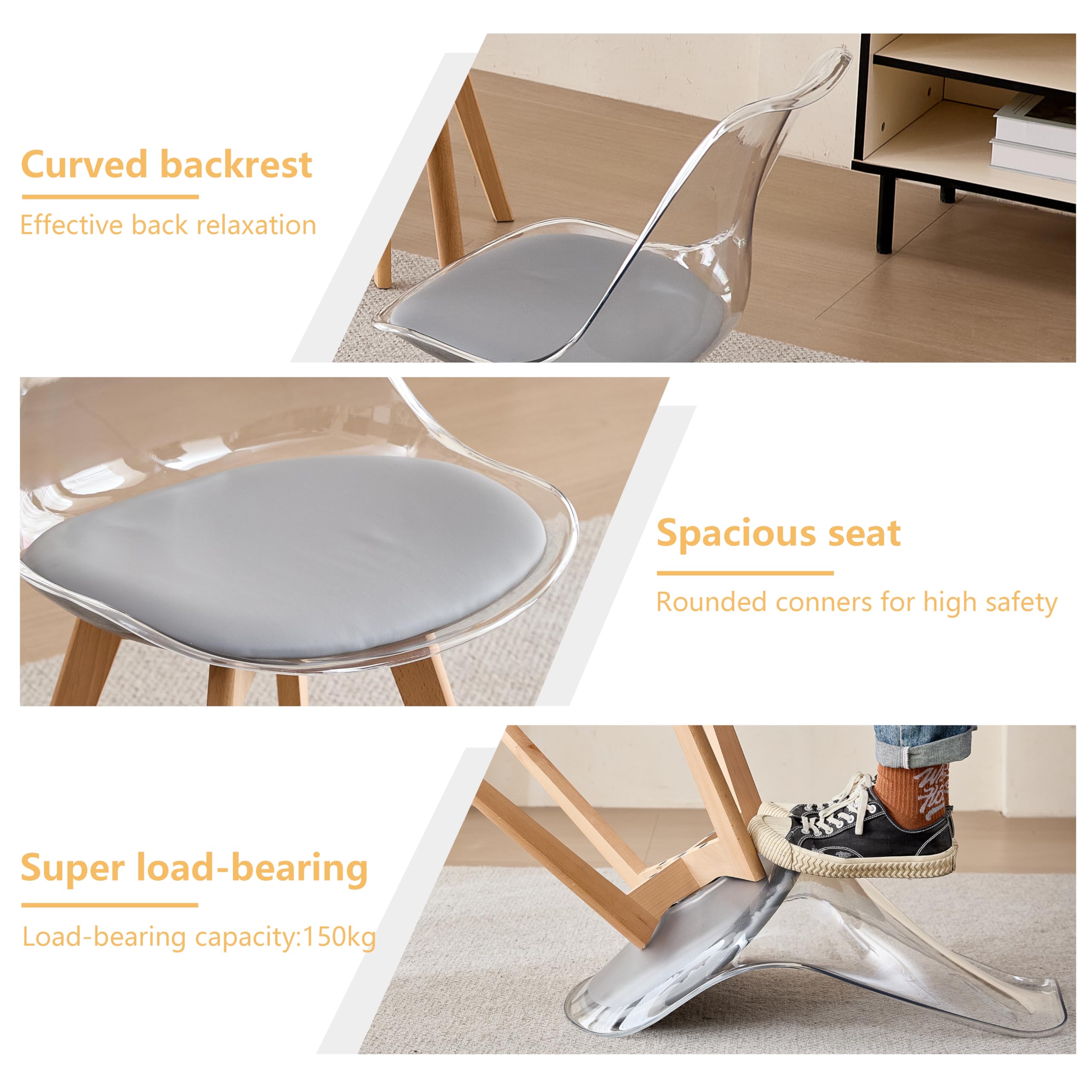 GrandCA HOME Tavolo da Pranzo con 4 Sedie, Tavolo da Pranzo Rotondo da 100 CM, Sedia da Cucina Imbottita Trasparente, Set Tavolo da Pranzo e Sedie (Chiaro + Grigio)