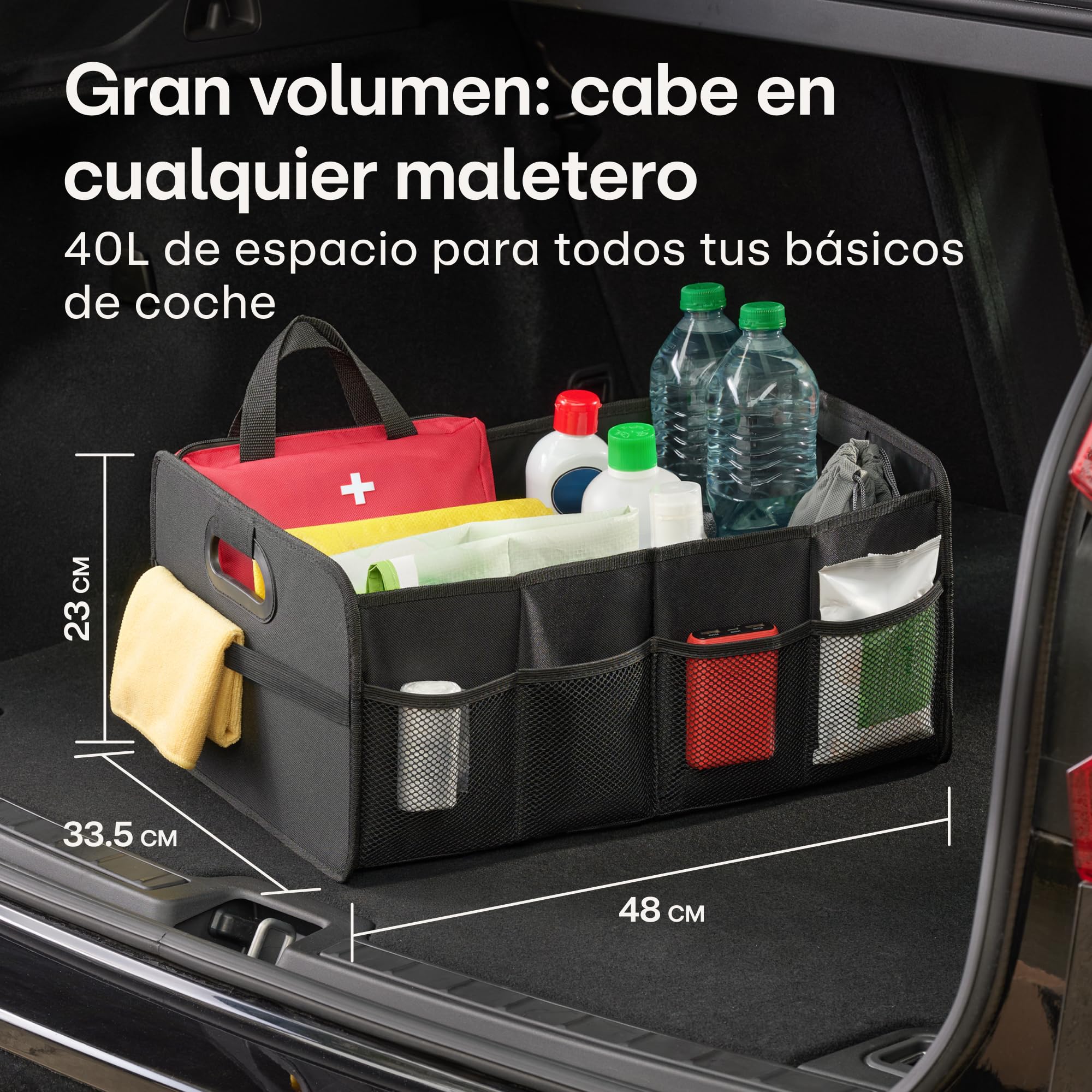 Praknu Organizador de Maletero Plegable XL – 3 Compartimentos Flexibles con 5 Bolsillos – Base Antideslizante – Tamaño Ideal para Organización del Coche – Robusto y Resistente al Agua de Tela Oxford