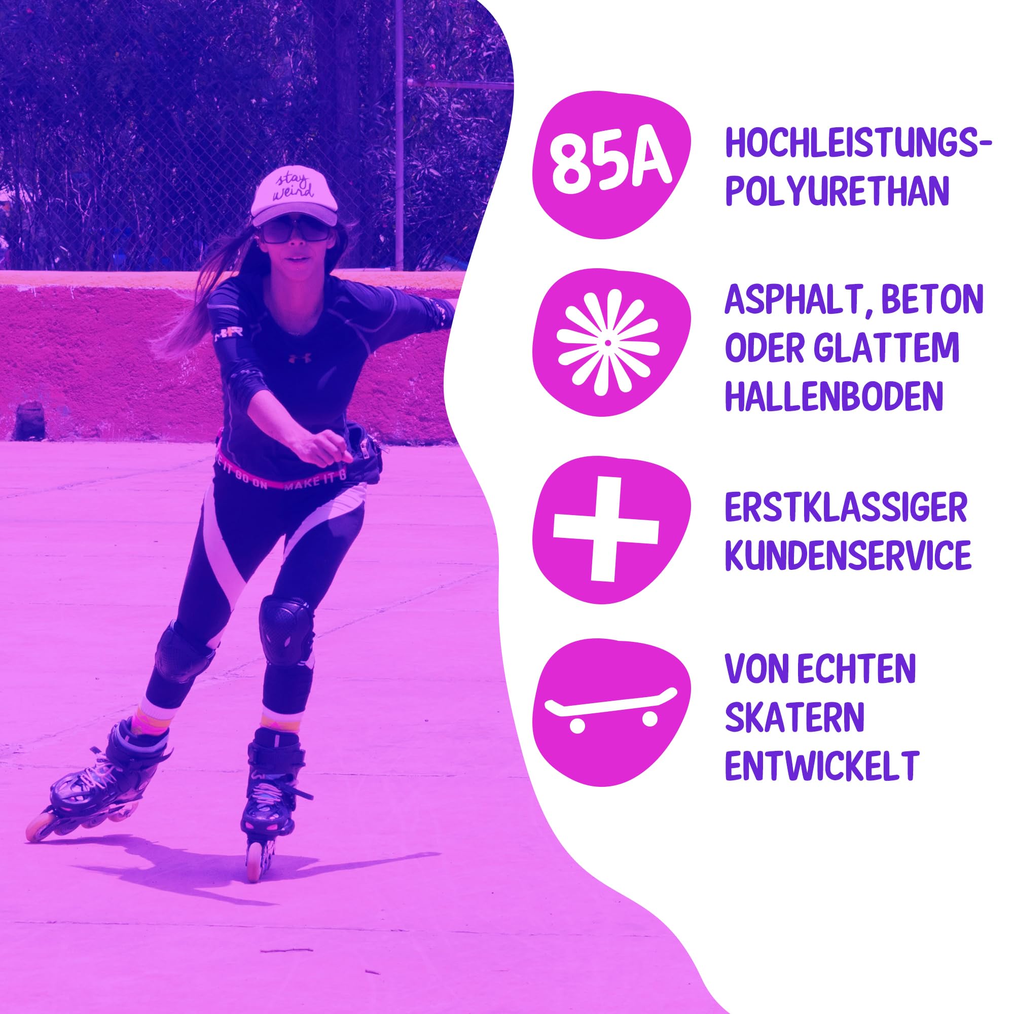 Inliner Rollen 80mm 85A (4 Stück) Starker Grip und lange Haltbarkeit auf jedem Untergrund für Inline Skates, Scooter, Waveboard, Roller und mehr