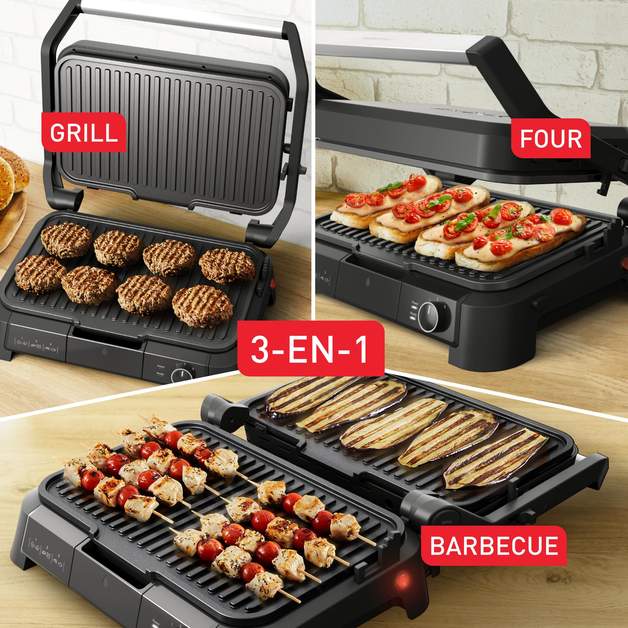 TEFAL GC520D SuperGrill 3w1, funkcja BBQ, pozycja pieca z 3 wysokościami, powierzchnia grillowania 800cm², regulowany termostat, 3 poziomy temperatury, powłoka zapobiegająca przywieraniu