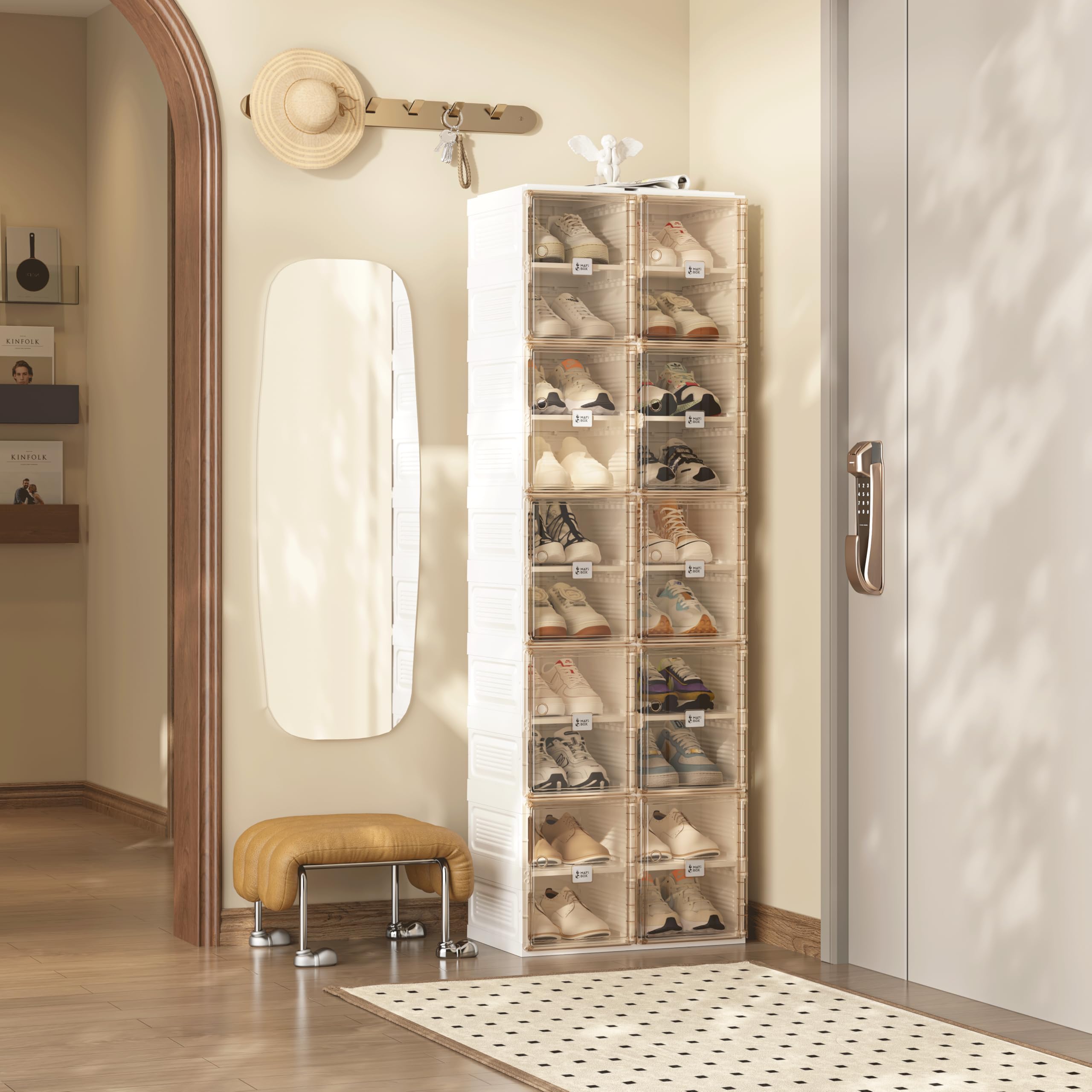 Transparente schuhregal,schuhboxen stapelbar Braun, mit magnetischer Tür, für Stöckelschuhe, Stiefeletten, Pumps