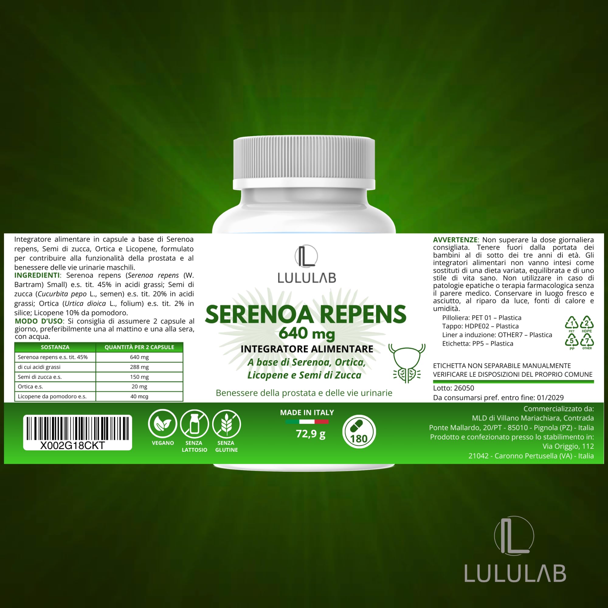 Serenoa Repens Prostata 640 mg per dose giornaliera – Saw Palmetto con Semi di Zucca, Ortica e Licopene – Prostata Integratore Supporto Benessere Maschile – 180 Capsule – Made in Italy – Lululab®
